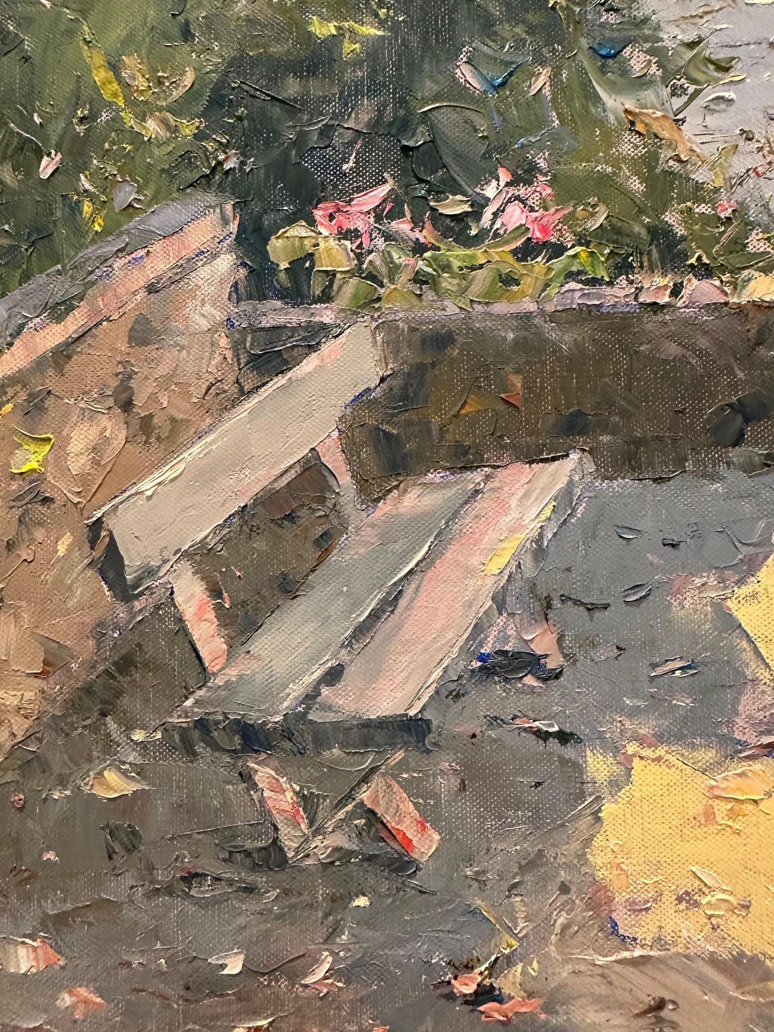 Très belle peinture originale sur toile d'un banc surplombant la mer, avec des empâtements magistraux et une lumière impressionniste. Signé en bas à droite, Pierre Bittar.

Toile : 24