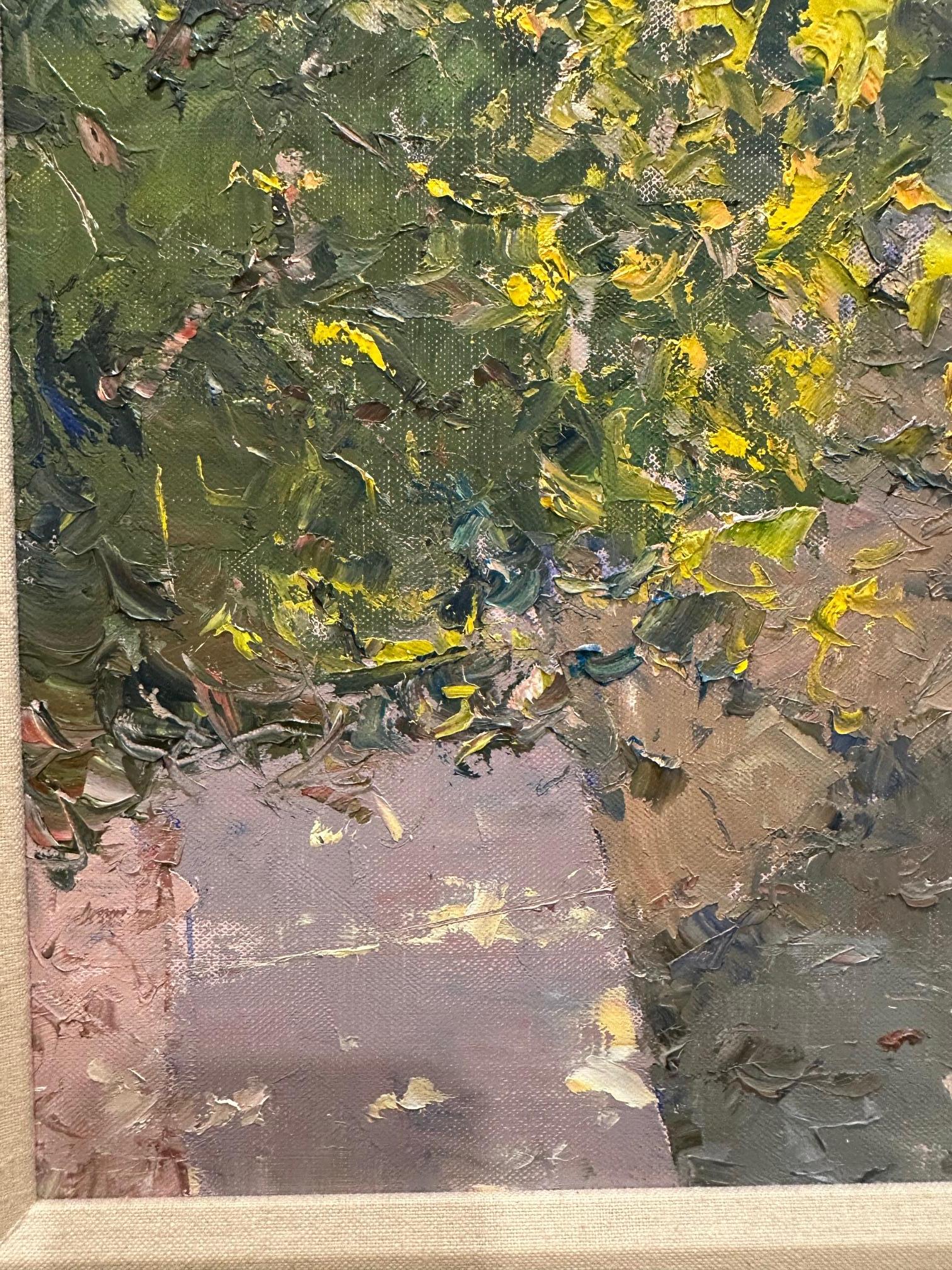 Toile Magnifique peinture impressionniste originale d'un banc au bord de la mer par Pierre Bittar en vente