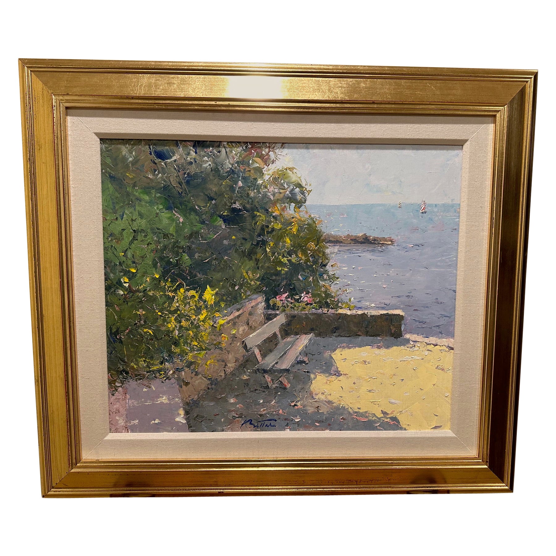Magnifique peinture impressionniste originale d'un banc au bord de la mer par Pierre Bittar en vente