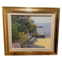 Beautiful Impressionist Original Painting of a Bench by the Sea by Pierre Bittar
