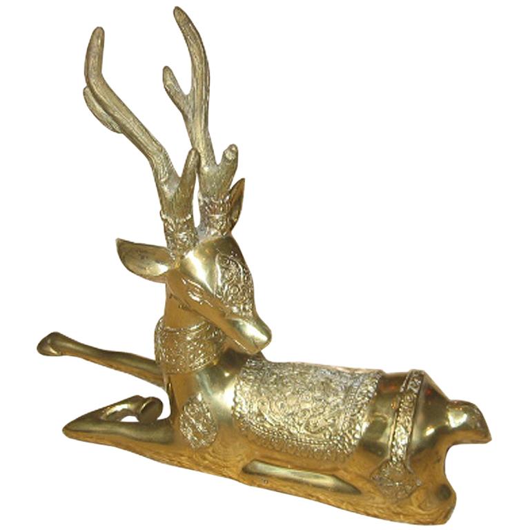 Beautiful Indian Brass Resting Deer Statue For Sale