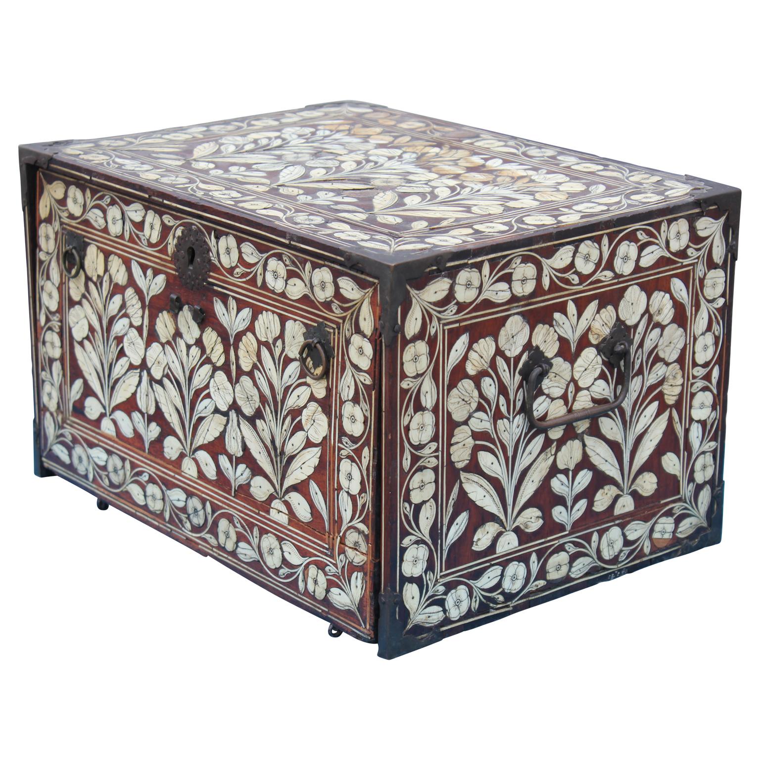 Anglo-Indian Beautiful Indo-Portuguese Mughal India Bone-Inlaid Fall Front Cabinet Box