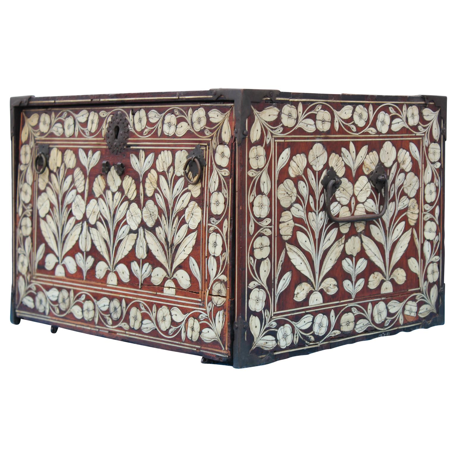 Indian Beautiful Indo-Portuguese Mughal India Bone-Inlaid Fall Front Cabinet Box