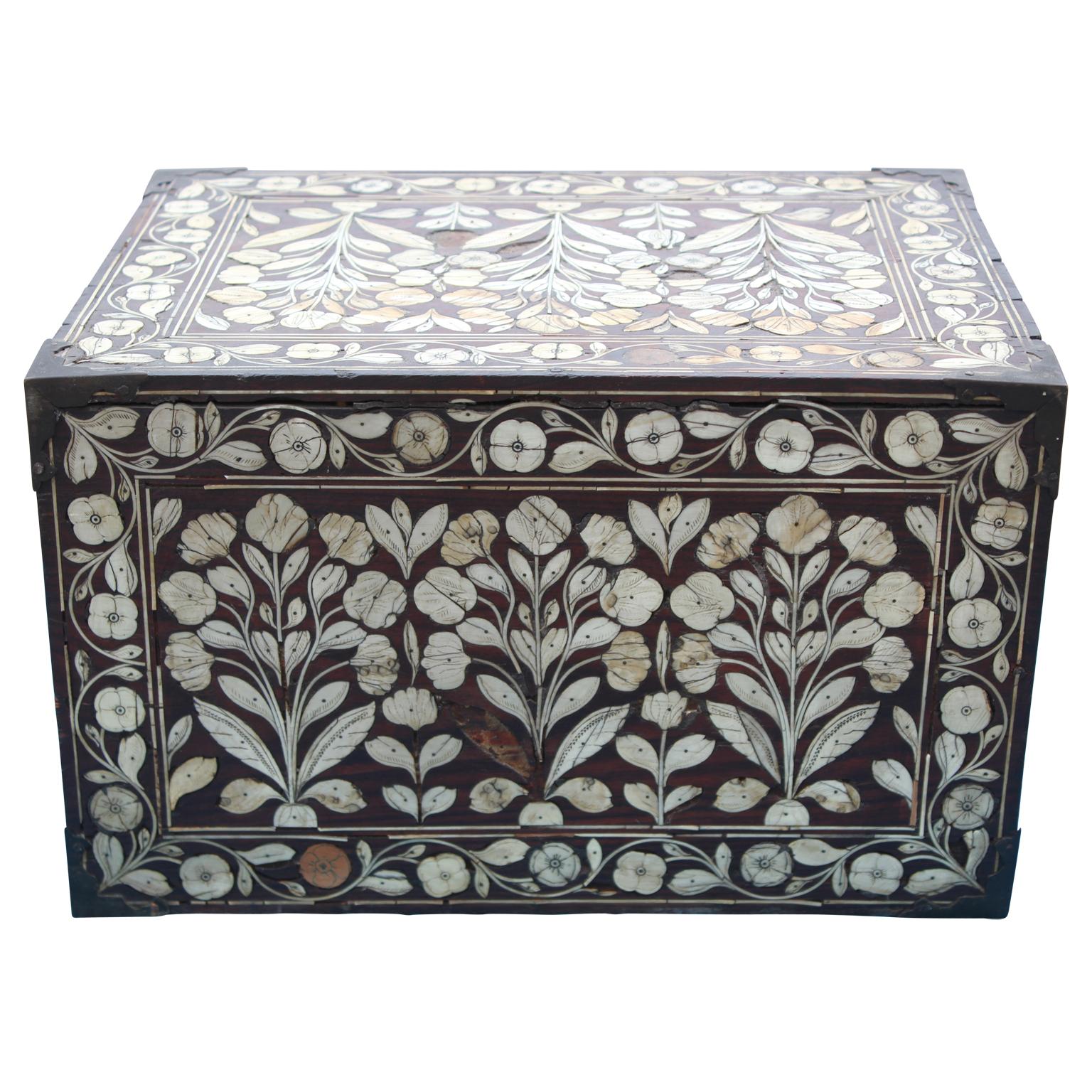 Beautiful Indo-Portuguese Mughal India Bone-Inlaid Fall Front Cabinet Box 1