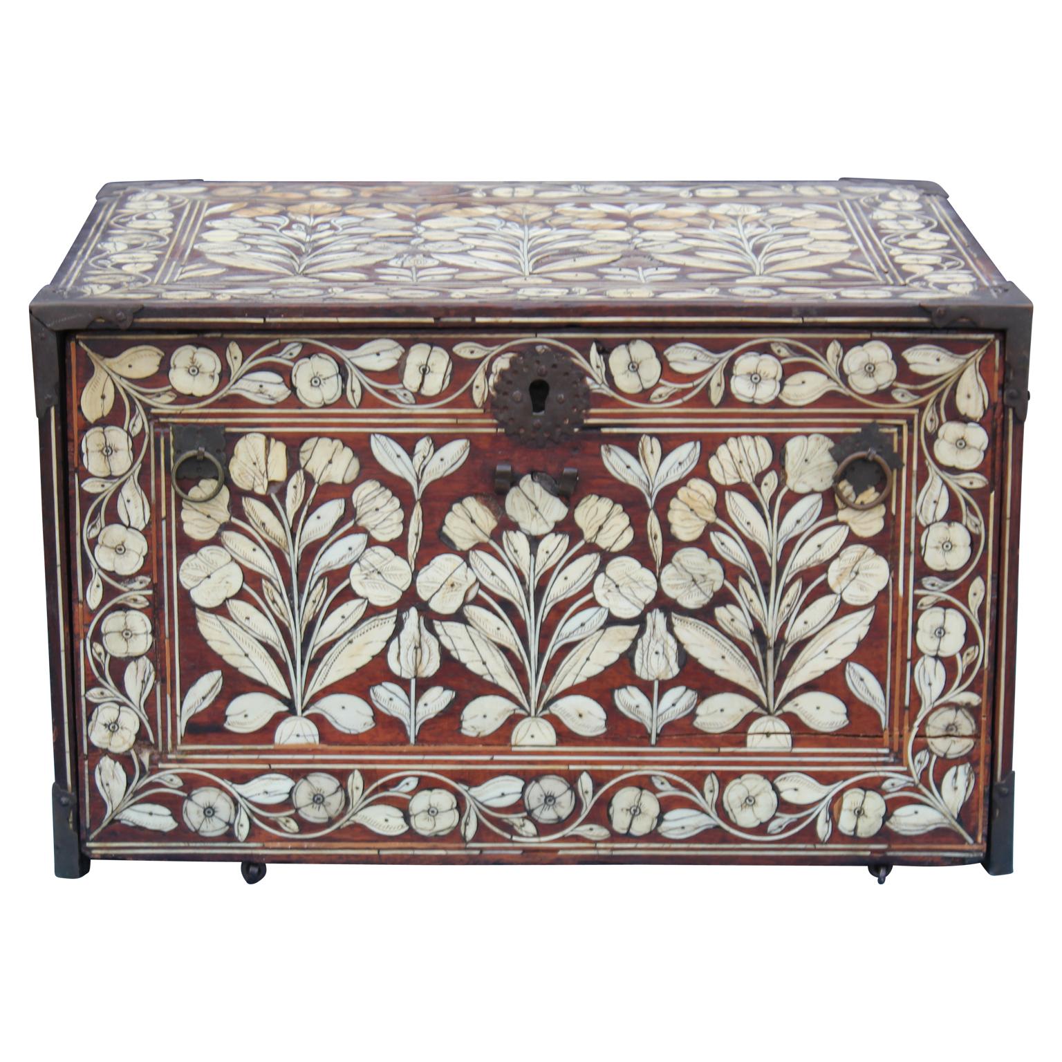 Beautiful Indo-Portuguese Mughal India Bone-Inlaid Fall Front Cabinet Box