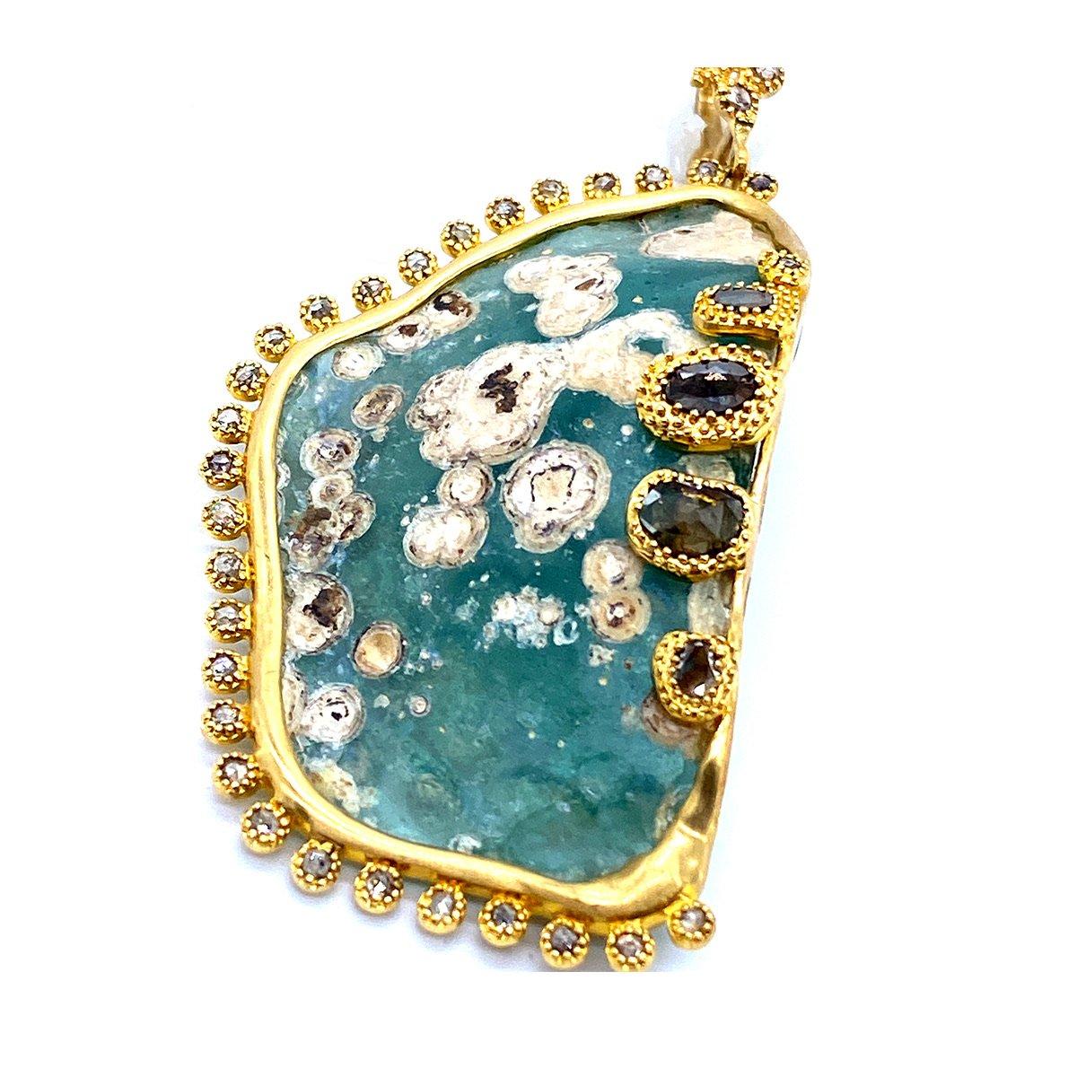 Contemporary Beautiful Iridescent Patina Pendant with Roman Glass and 1.12 Carat Diamonds