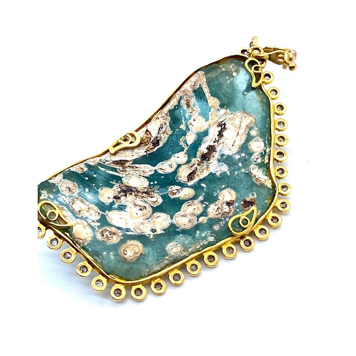 Beautiful Iridescent Patina Pendant with Roman Glass and 1.12 Carat Diamonds In New Condition In Secaucus, NJ