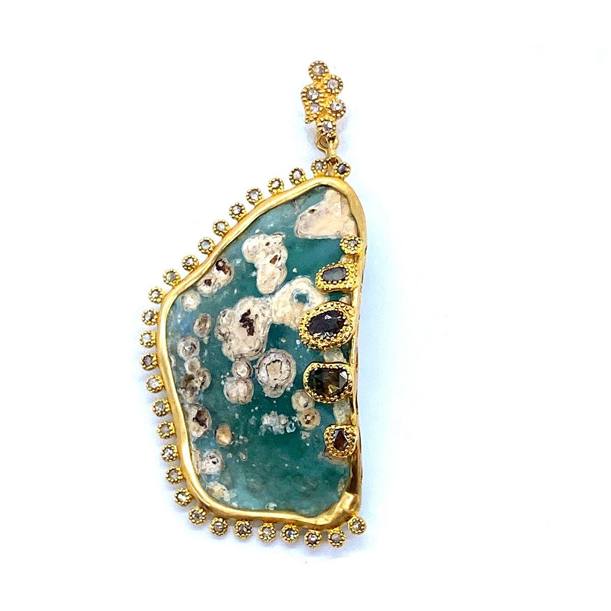 Women's or Men's Beautiful Iridescent Patina Pendant with Roman Glass and 1.12 Carat Diamonds