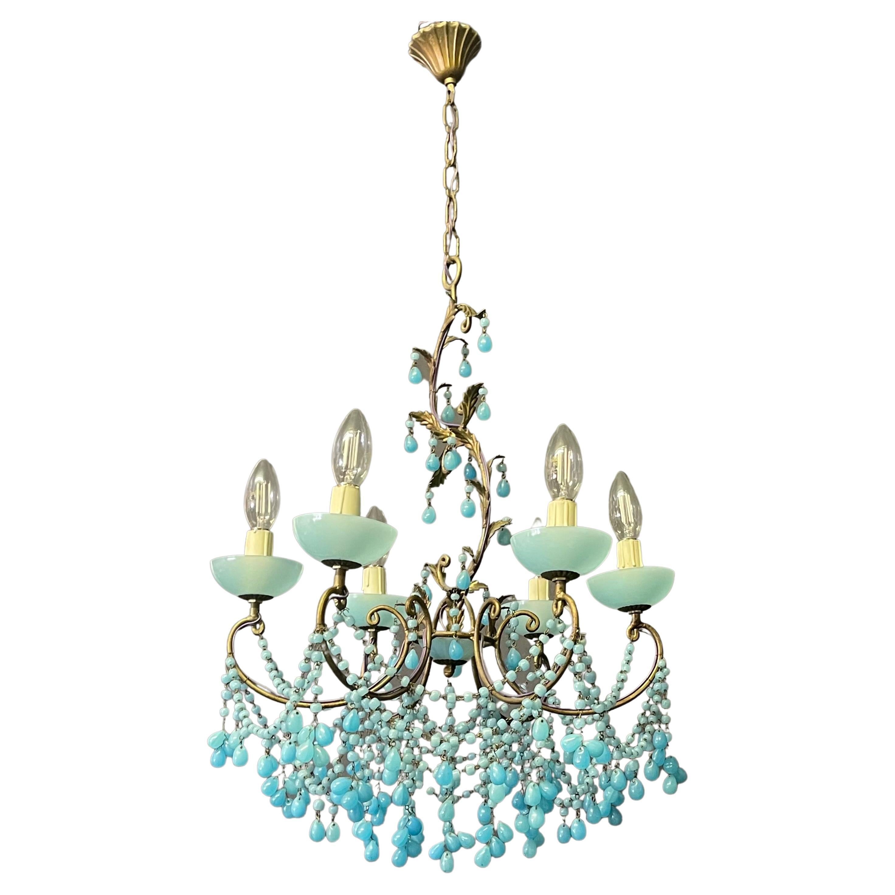 Mid-Century Modern Beautiful Italian Aqua Opaline Blue Chandelier, circa 1930s For Sale