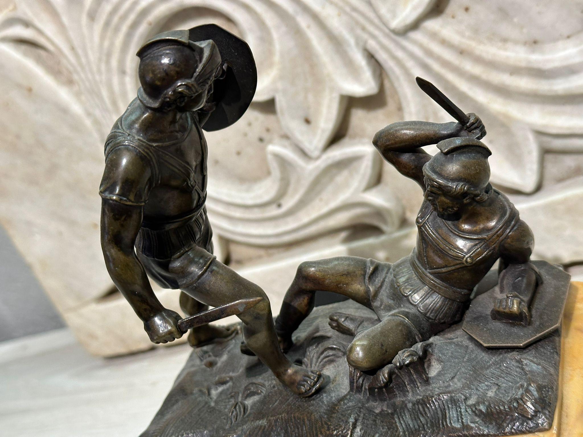 Baroque Beautiful Italian Bronze Sculpture of Gladiators Marble Base 19th Century VIDEO For Sale