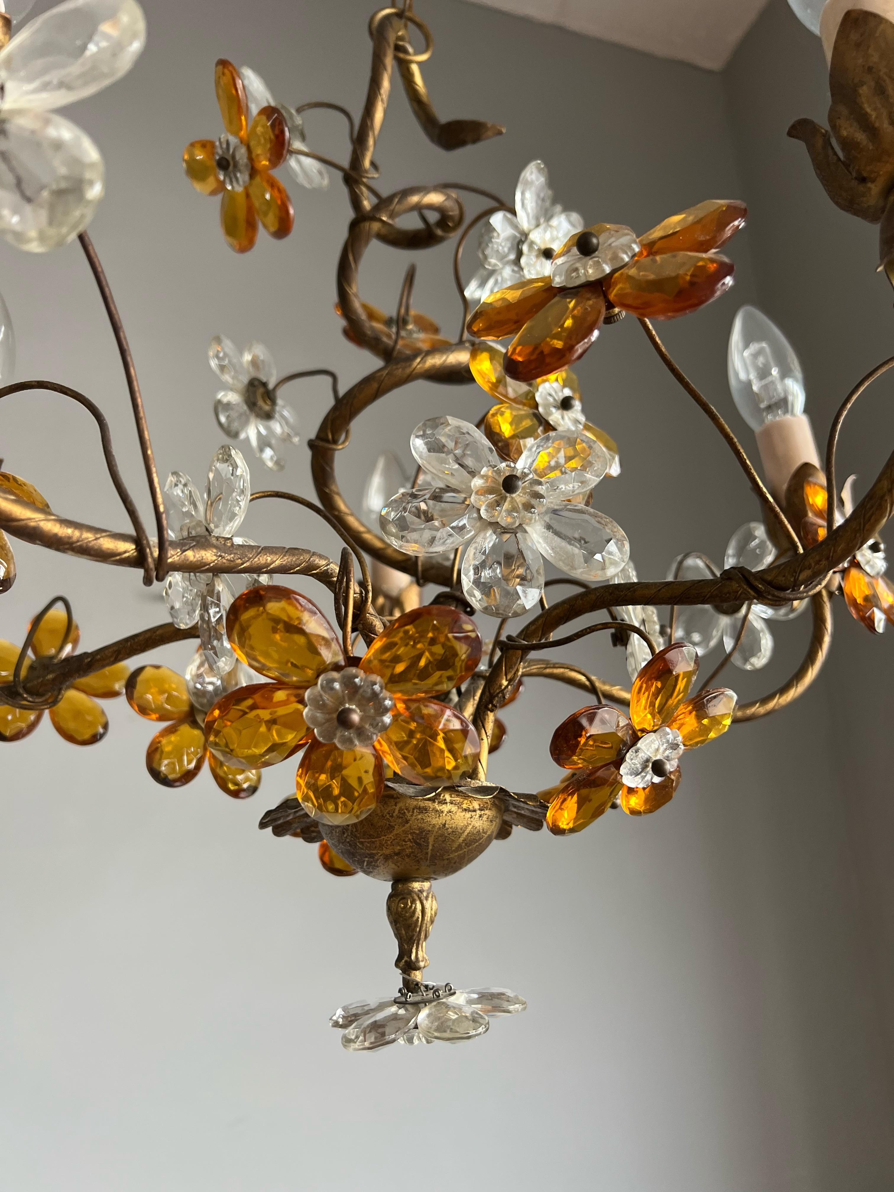 Metal Beautiful Italian Design Murano Glass Flower 4 Light Gilt Tole Pendant / Fixture For Sale