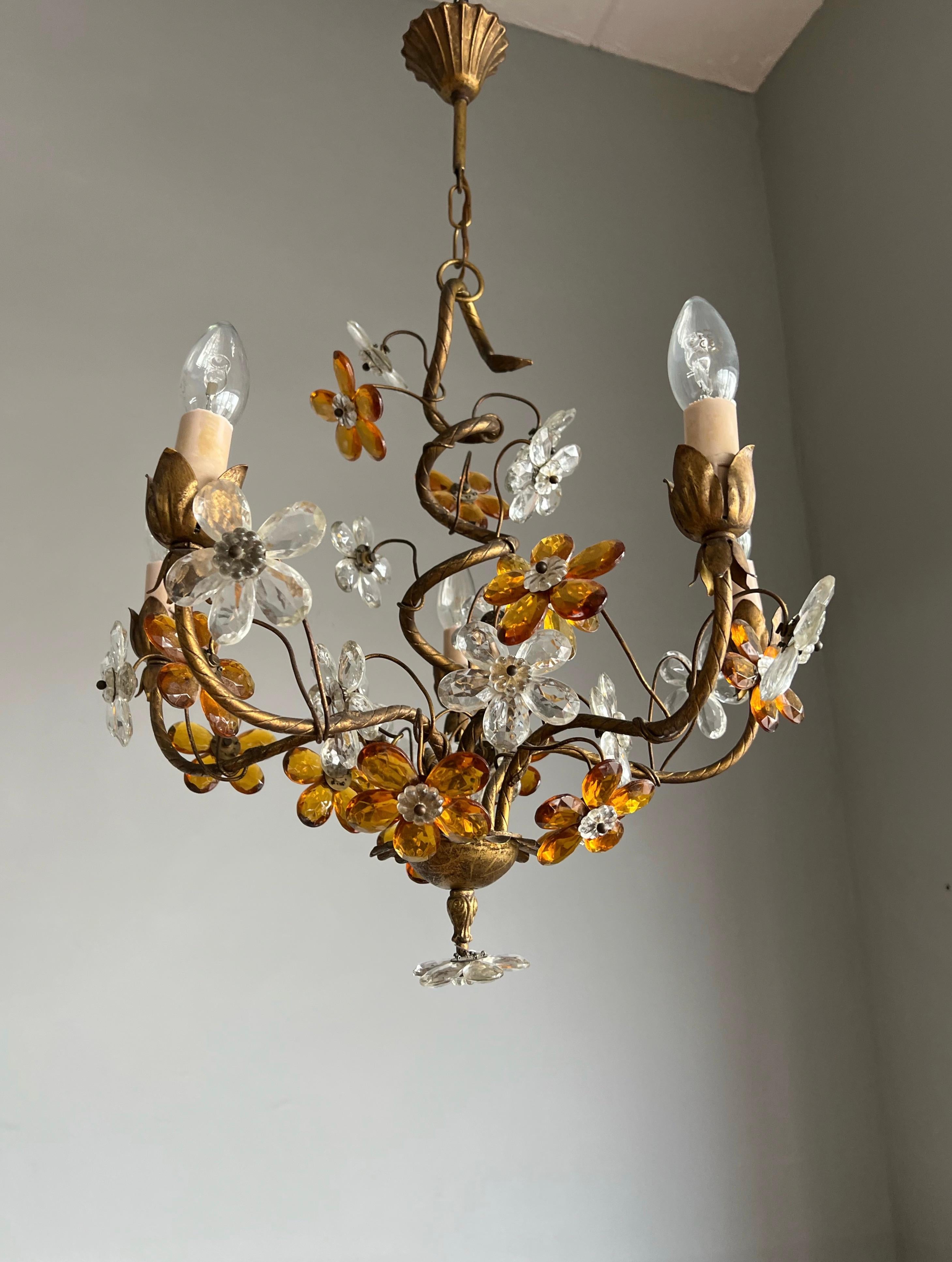 Beautiful Italian Design Murano Glass Flower 4 Light Gilt Tole Pendant / Fixture For Sale 1