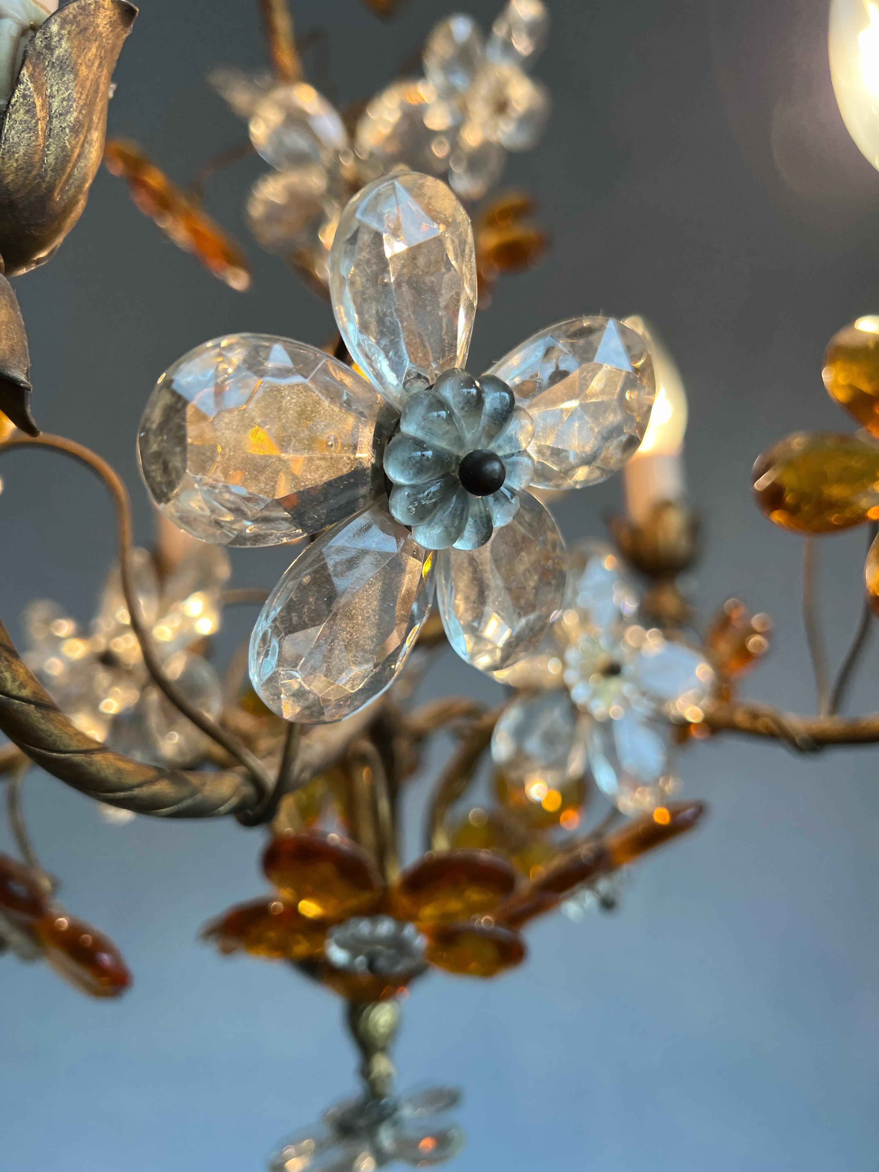 Beautiful Italian Design Murano Glass Flower 4 Light Gilt Tole Pendant / Fixture For Sale 3