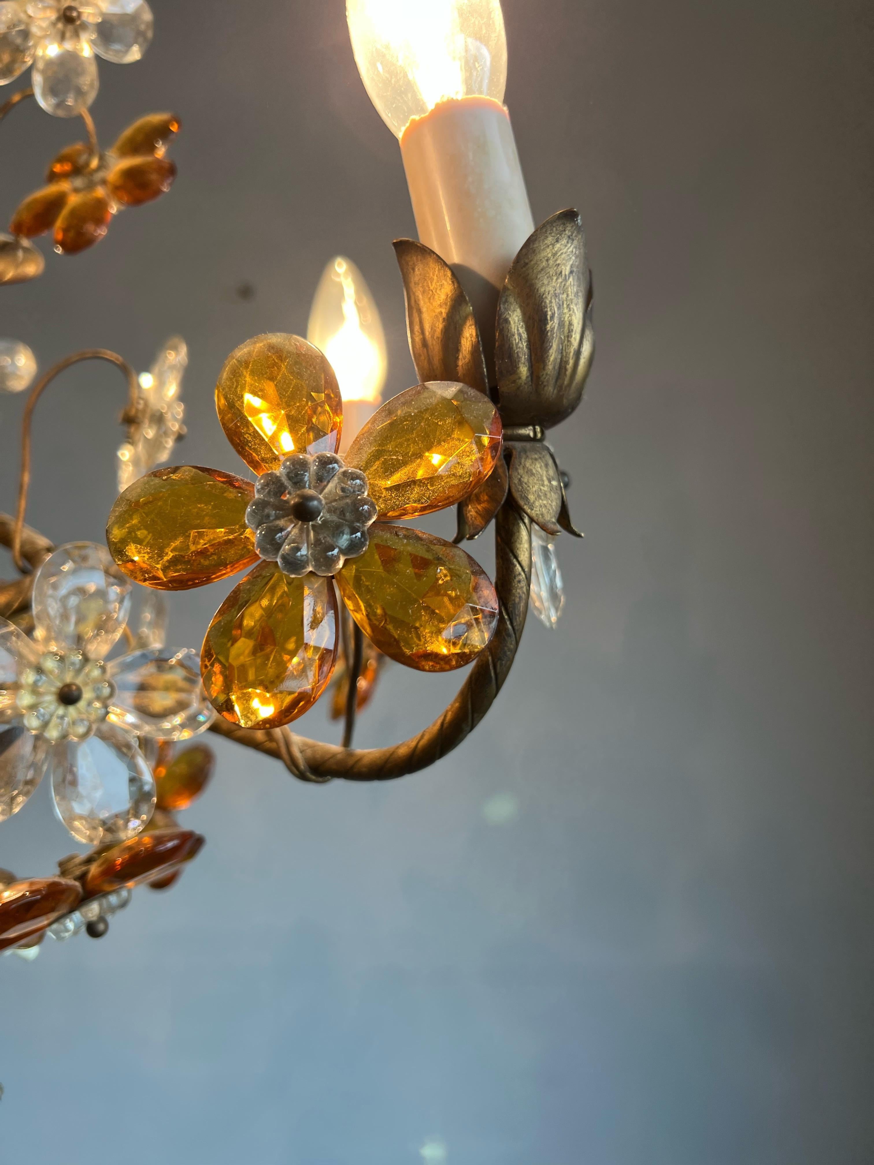 Beautiful Italian Design Murano Glass Flower 4 Light Gilt Tole Pendant / Fixture For Sale 5