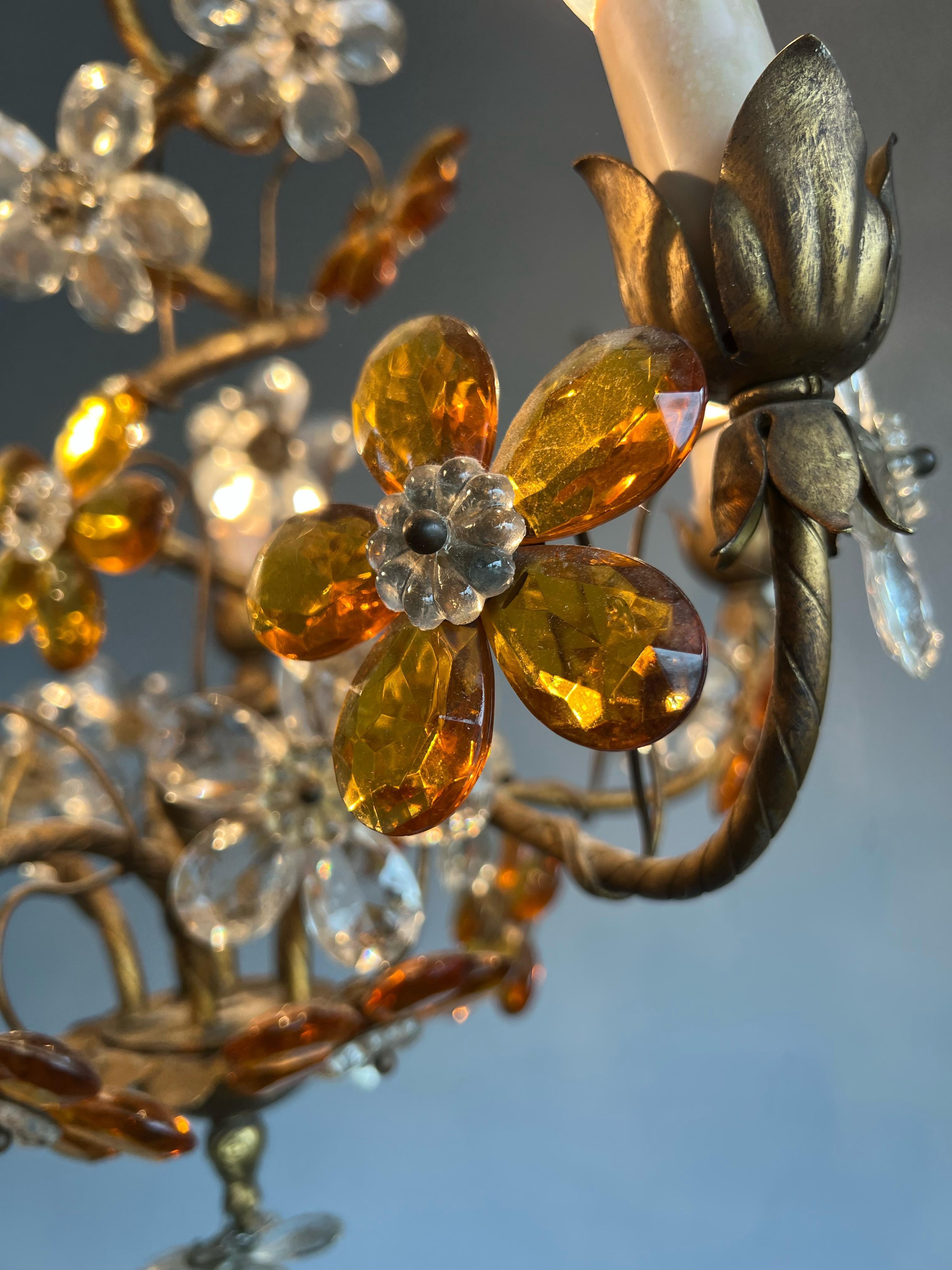 Beautiful Italian Design Murano Glass Flower 4 Light Gilt Tole Pendant / Fixture For Sale 6