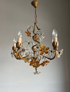 Beautiful Italian Design Murano Glass Flower 4 Light Gilt Tole Pendant / Fixture