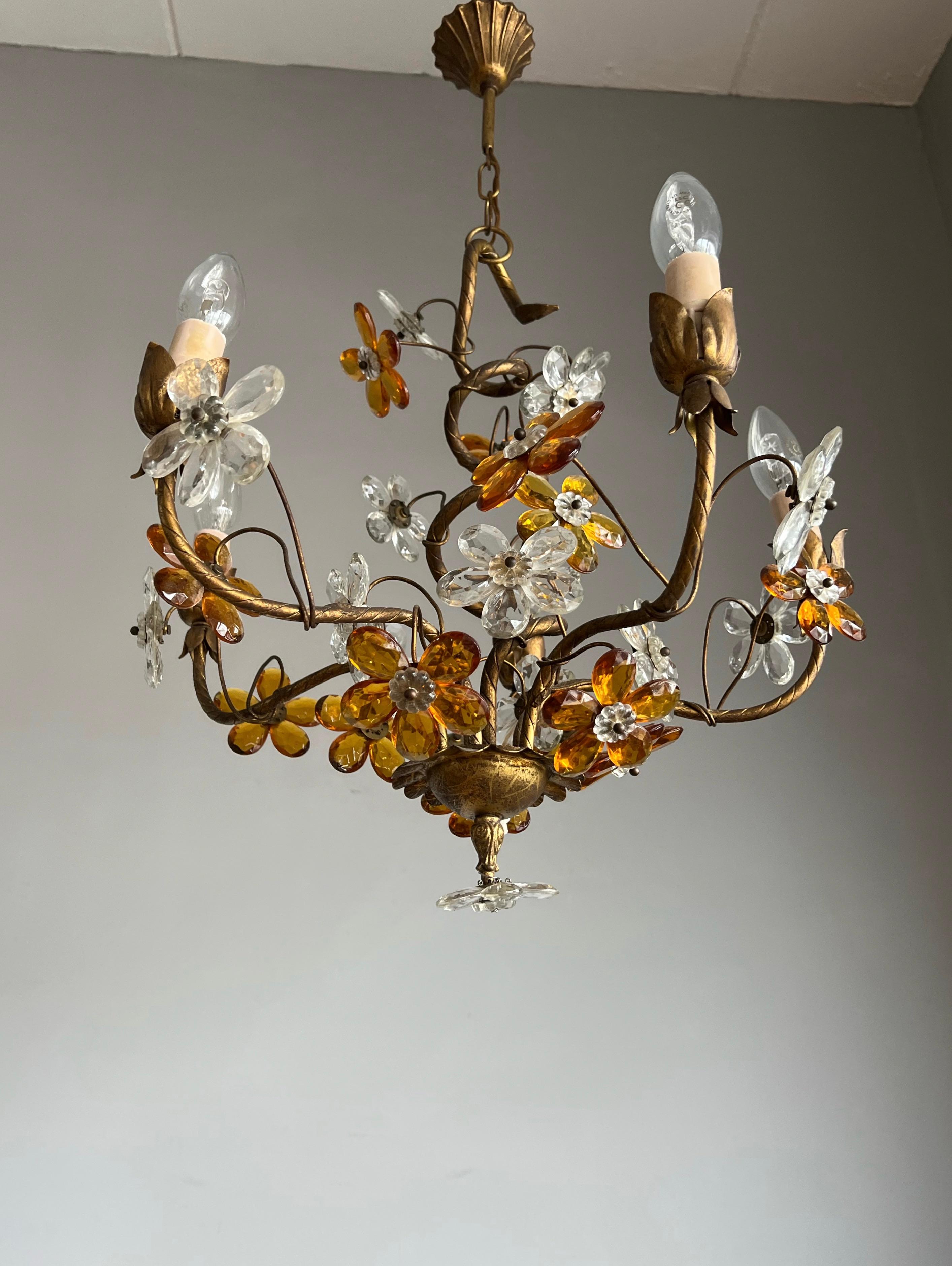 Mid-Century Modern Beautiful Italian Design Murano Glass Flower 4 Light Gilt Tole Pendant / Fixture For Sale