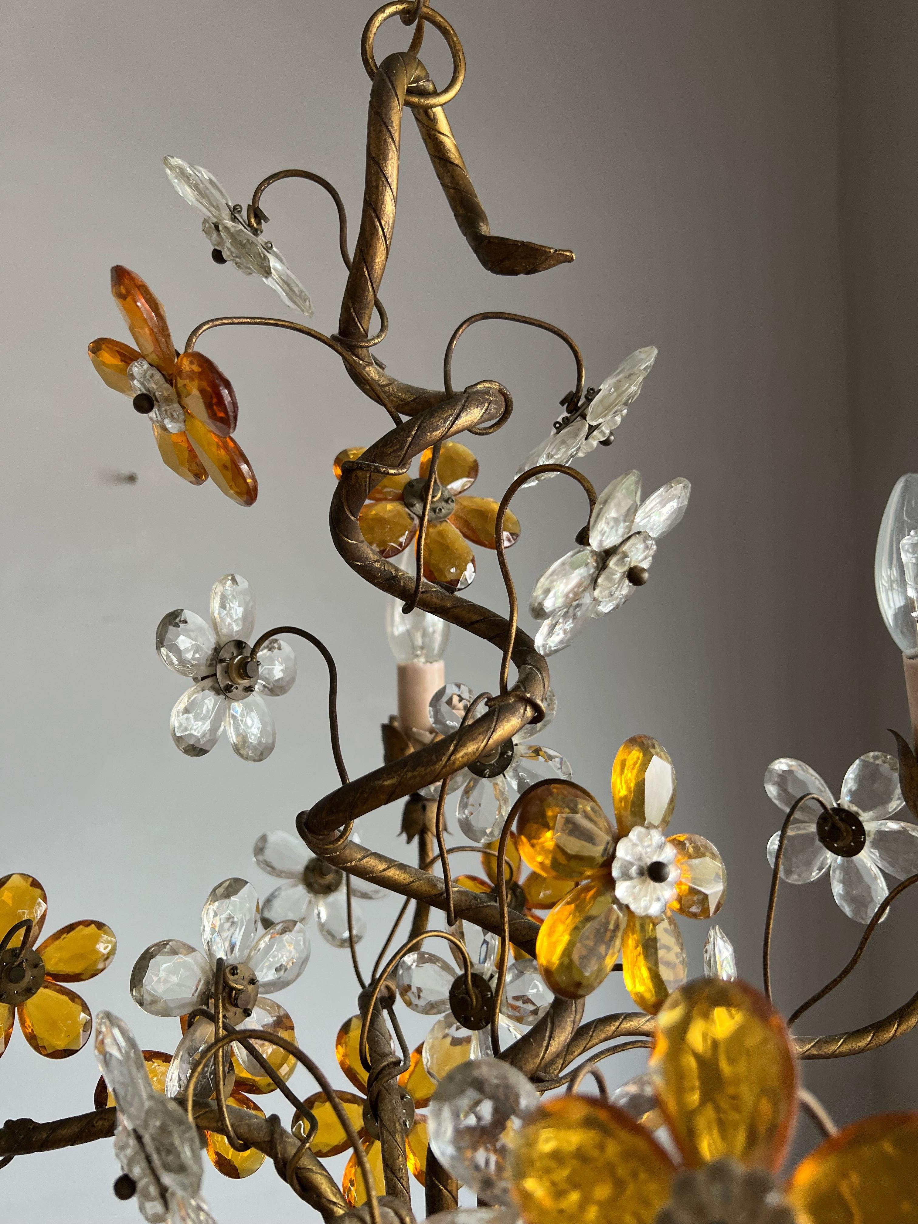 Cast Beautiful Italian Design Murano Glass Flower 4 Light Gilt Tole Pendant / Fixture For Sale