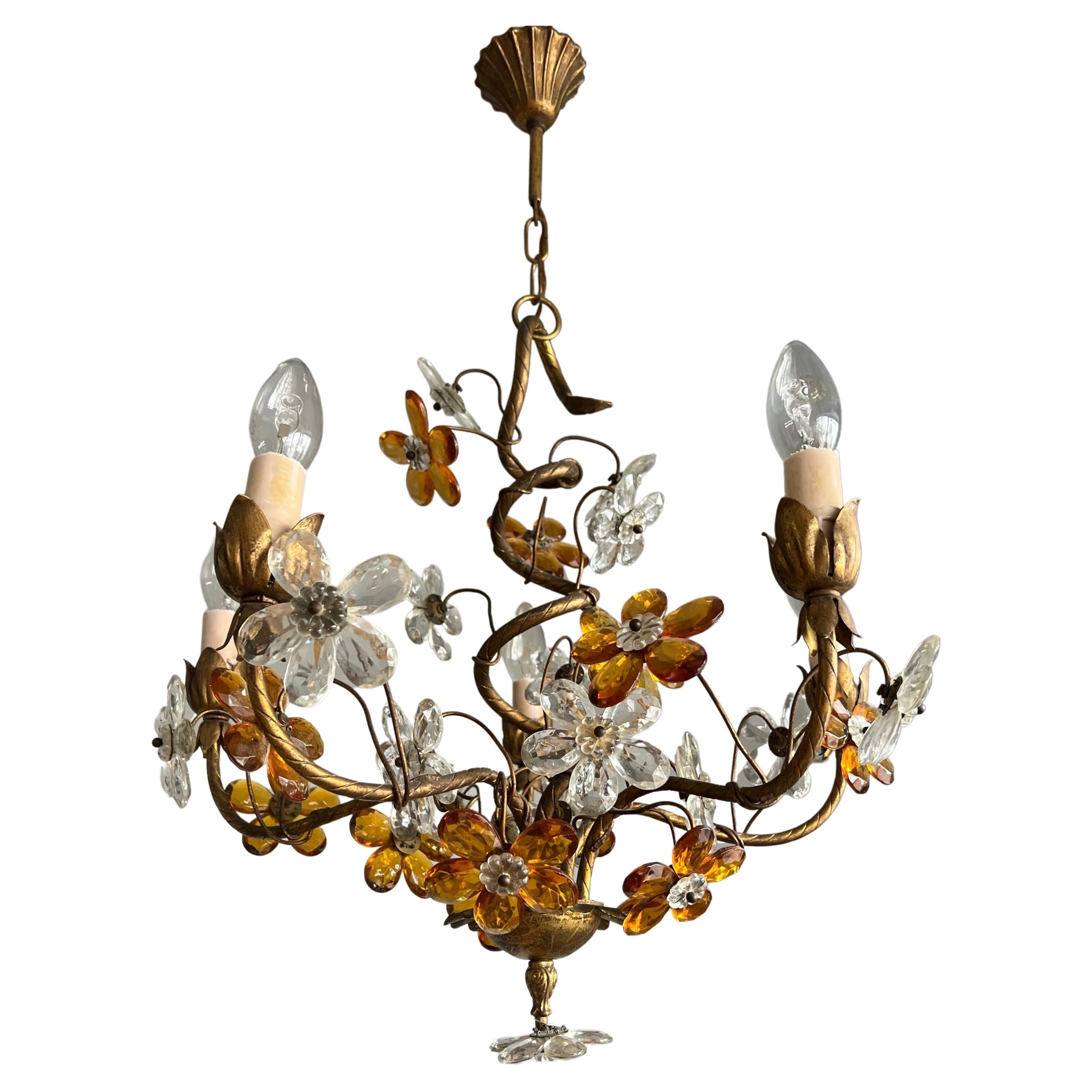 Beautiful Italian Design Murano Glass Flower 4 Light Gilt Tole Pendant / Fixture For Sale