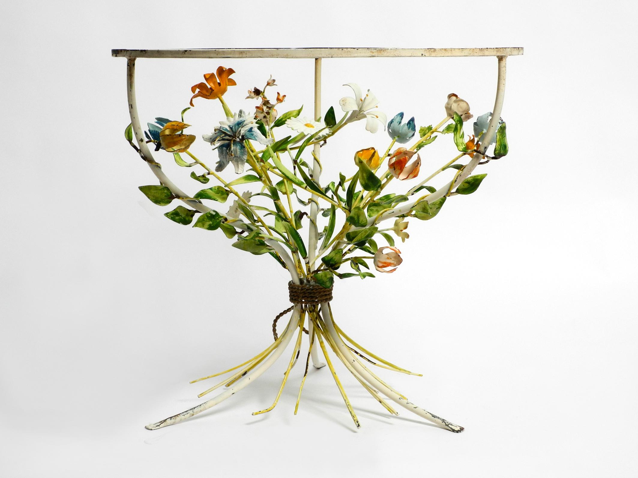 Beautiful Italian Floral Mid Century Metal Side Table with a Round Glass Plate 7