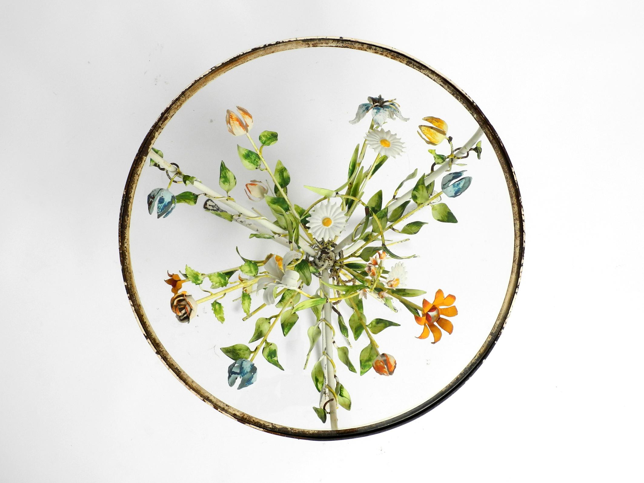 Mid-20th Century Beautiful Italian Floral Mid Century Metal Side Table with a Round Glass Plate