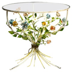 Beautiful Italian Floral Mid Century Metal Side Table with a Round Glass Plate