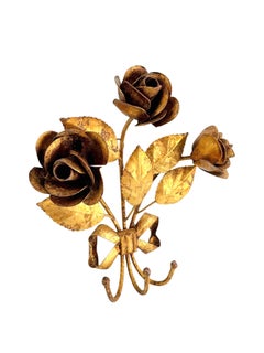 Beautiful Italian Florentine Gold Gilt Metal Rose Coat Hook Toleware Tole, 1950s