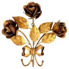 Beautiful Italian Florentine Gold Gilt Metal Rose Coat Hook Toleware Tole, 1950s