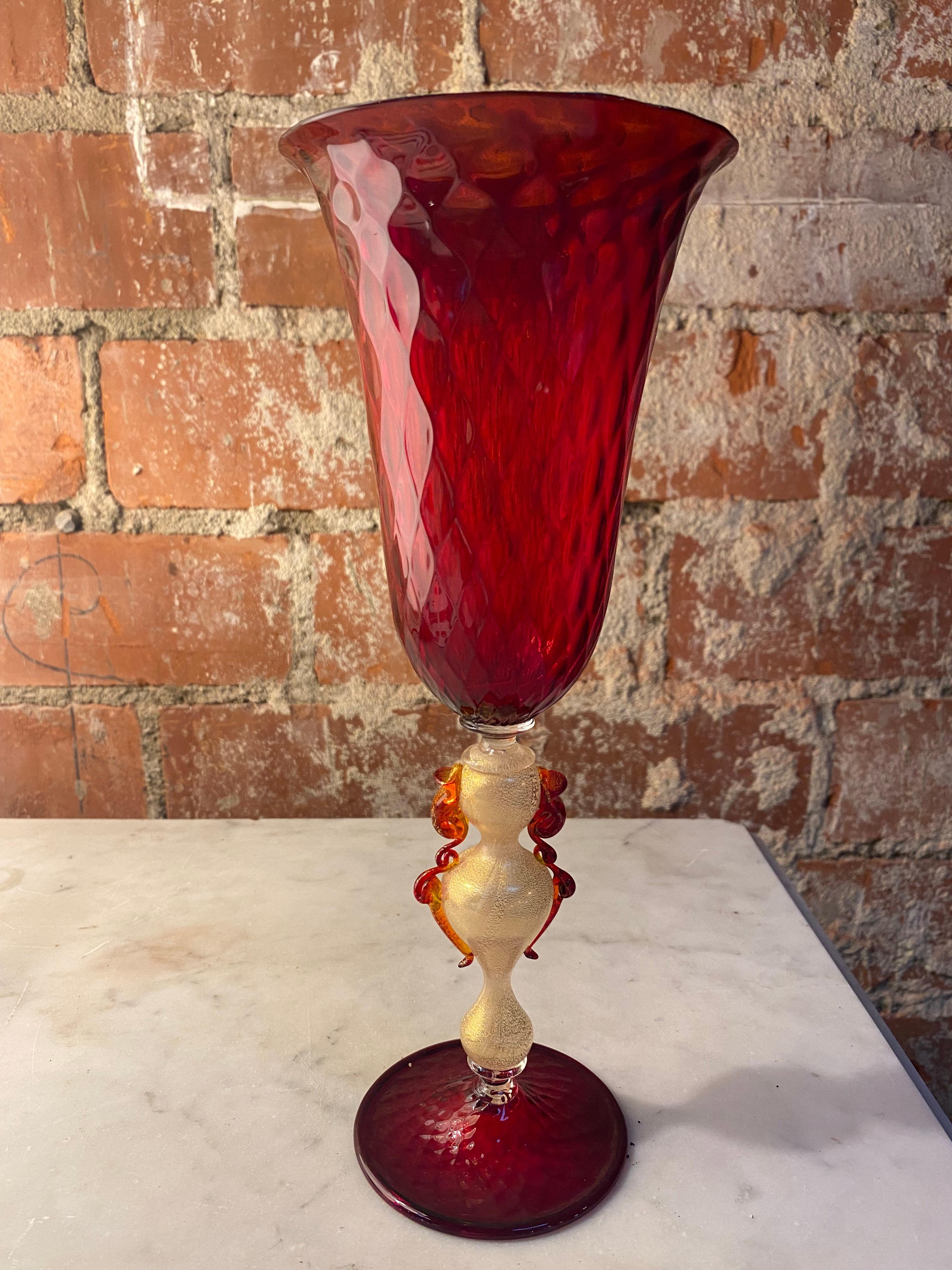 Beautiful Italian handcrafted Chalice in red blown murano glass, 1970.