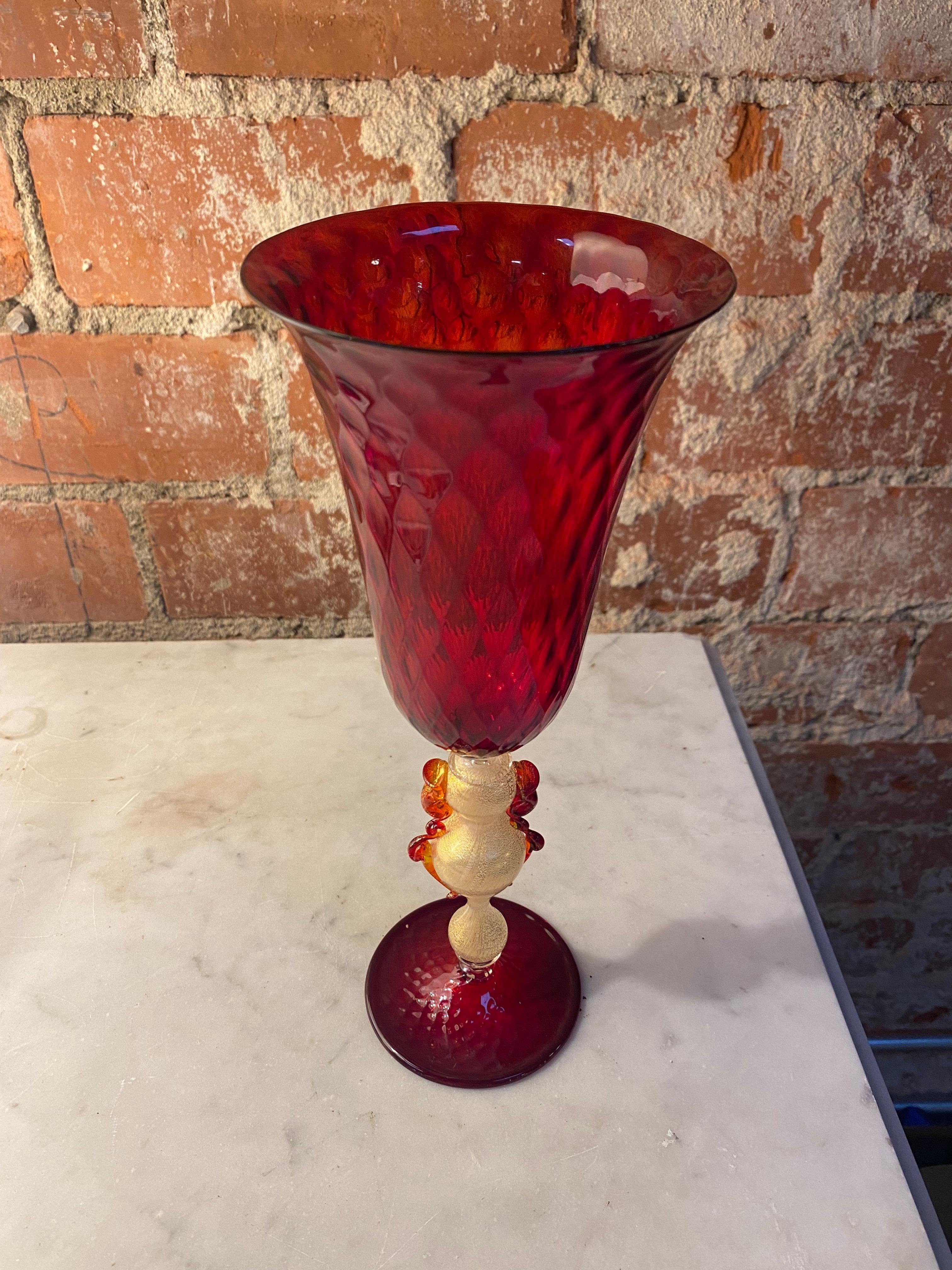 Mid-Century Modern Beautiful Italian Handcrafted Chalice in Red Blown Murano Glass, 1970 For Sale