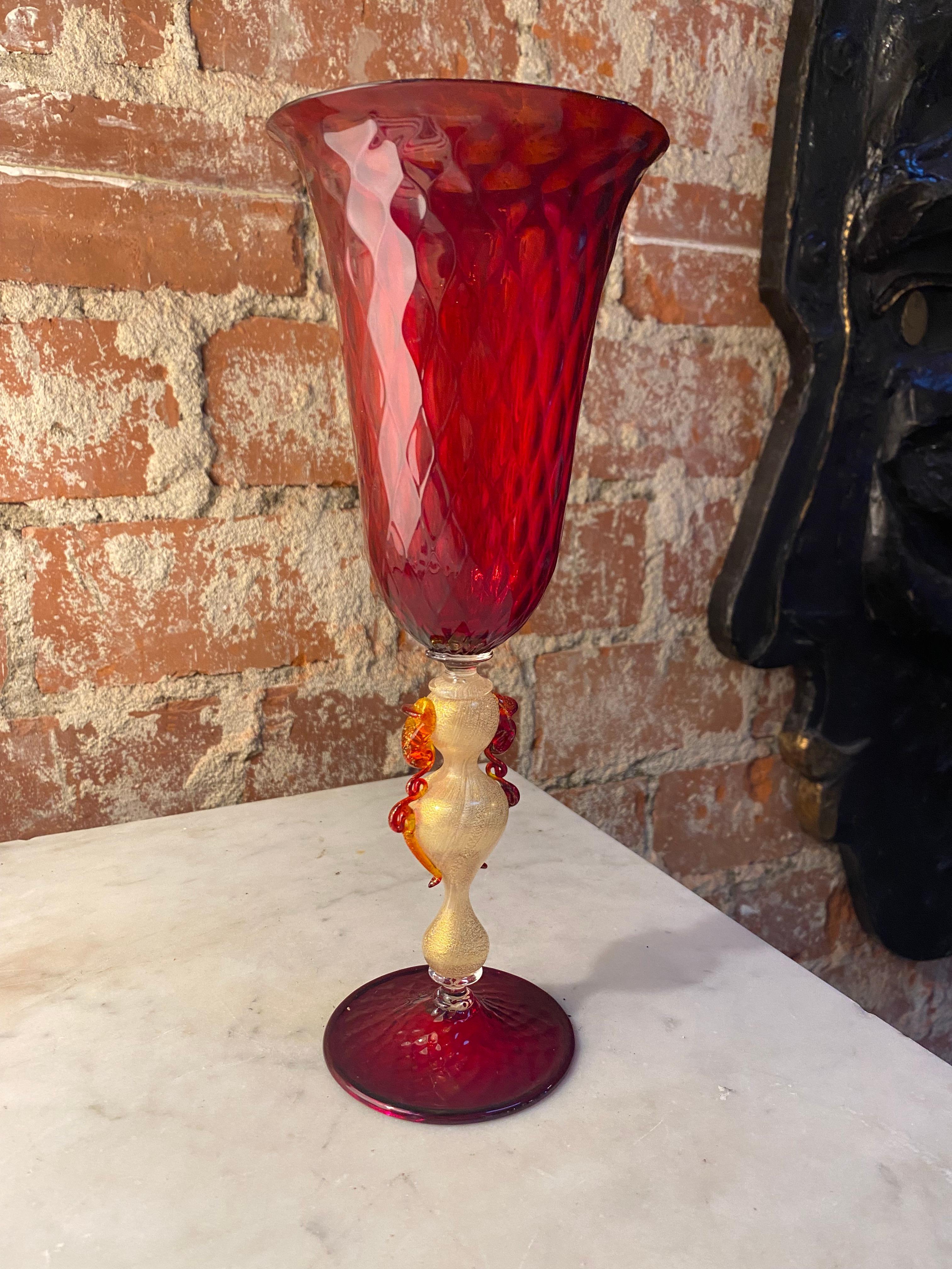 Late 20th Century Beautiful Italian Handcrafted Chalice in Red Blown Murano Glass, 1970 For Sale