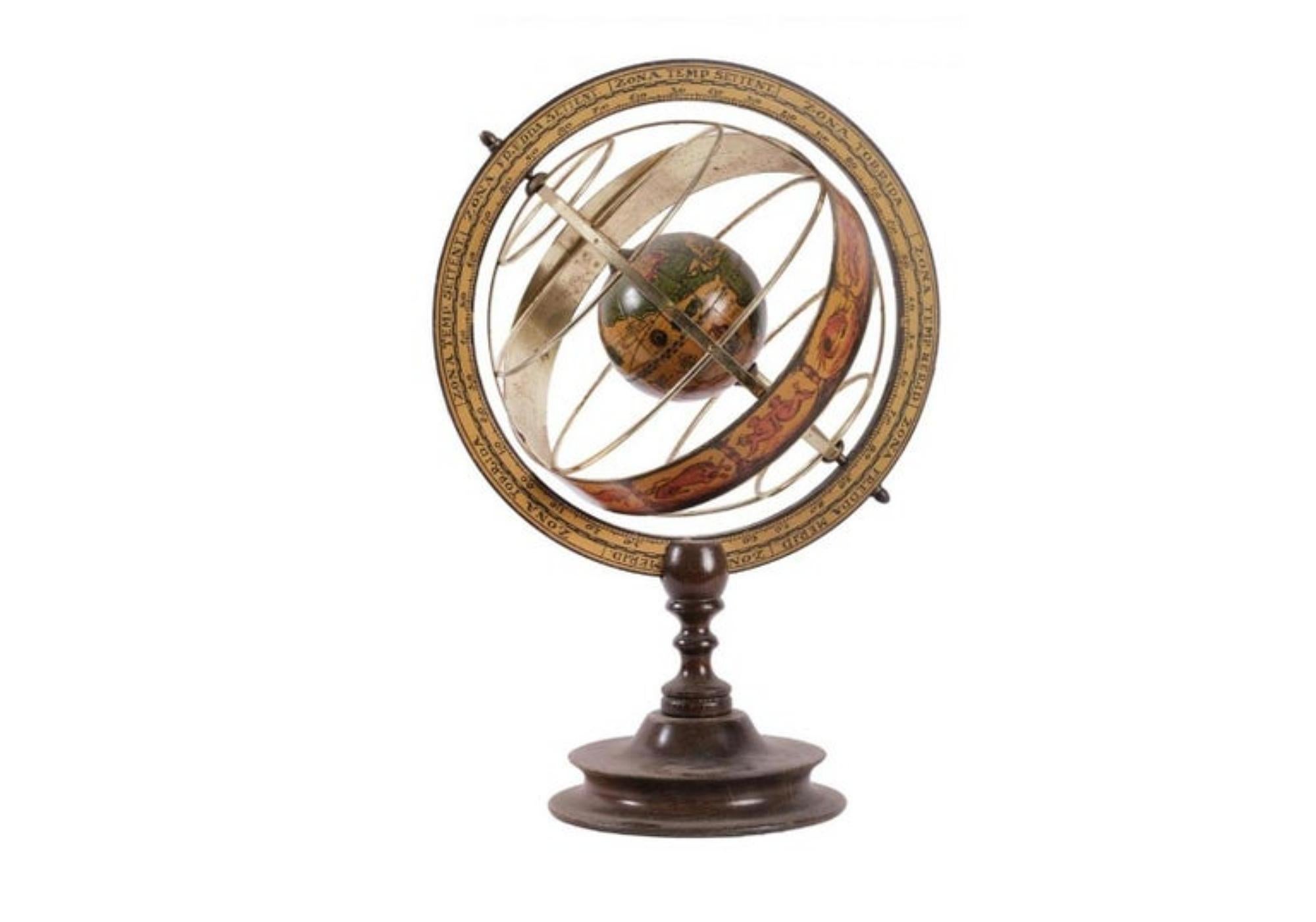 Italian metal armillary sphere with wooden base early 20th century.
Dimensions
37 x 26 x 26 cm
Very good condition.