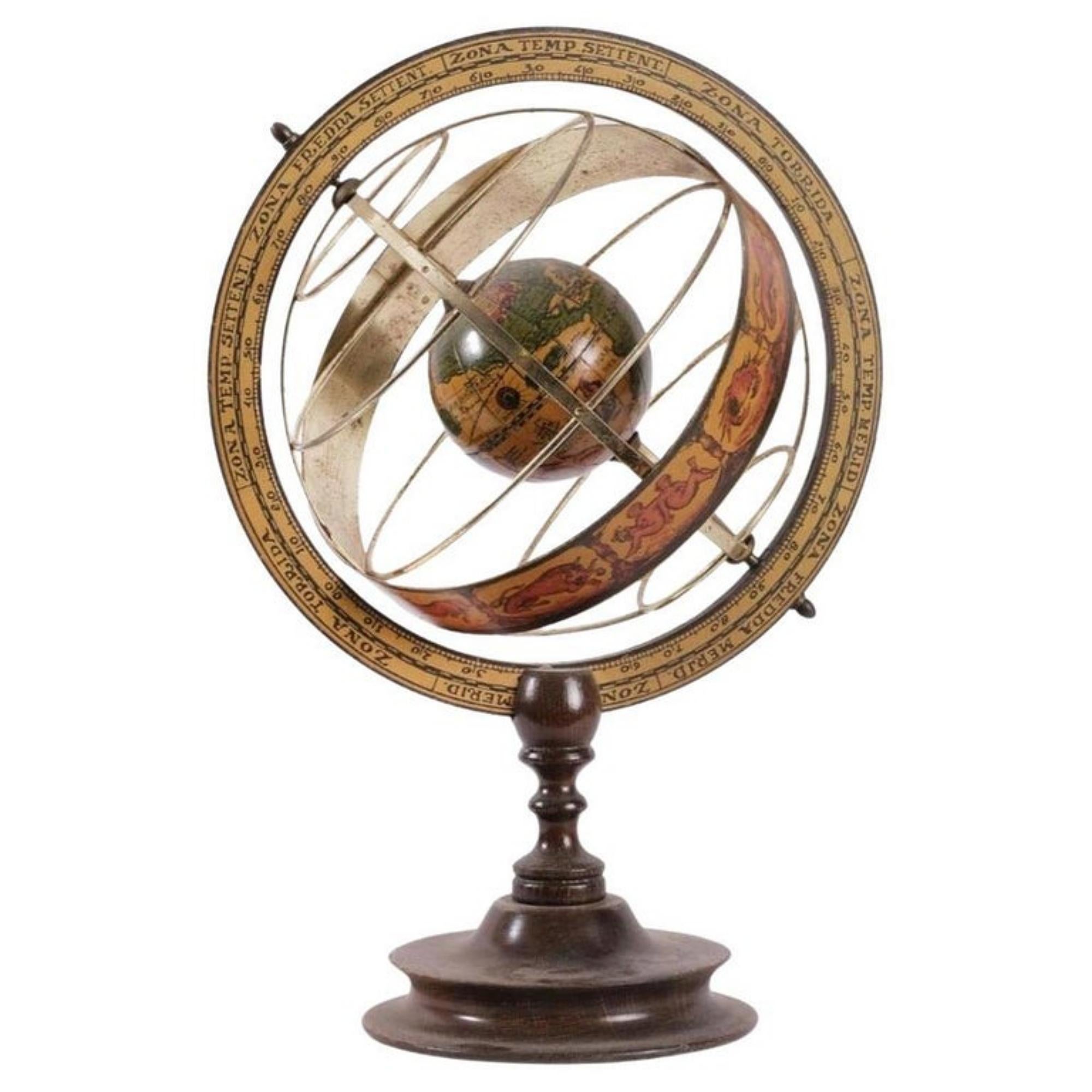 Modern Beautiful Italian Metal Armillary Sphere with Wooden Base, Early 20th Century