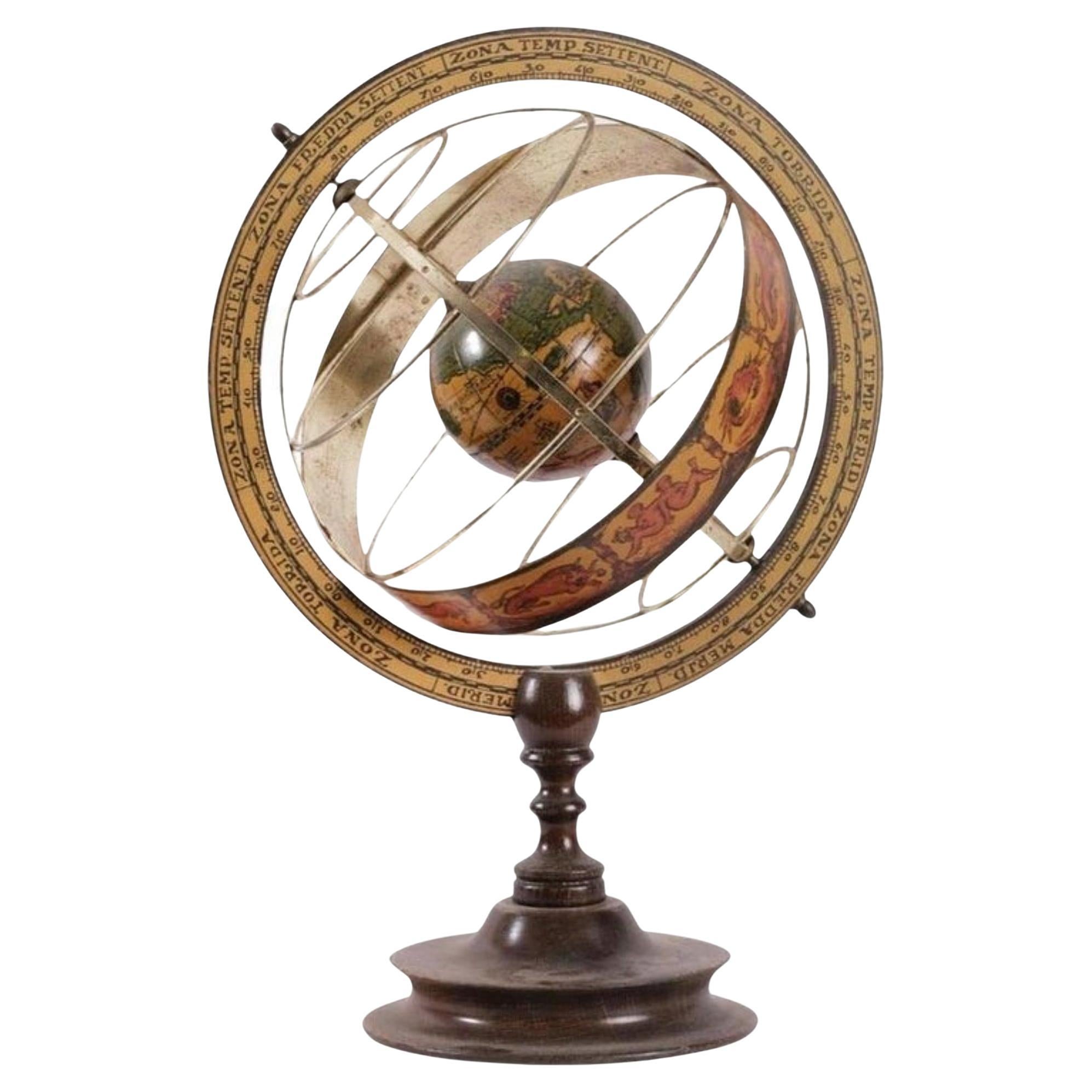 Beautiful Italian Metal Armillary Sphere with Wooden Base, Early 20th Century