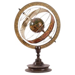 Beautiful Italian Metal Armillary Sphere with Wooden Base, Early 20th Century