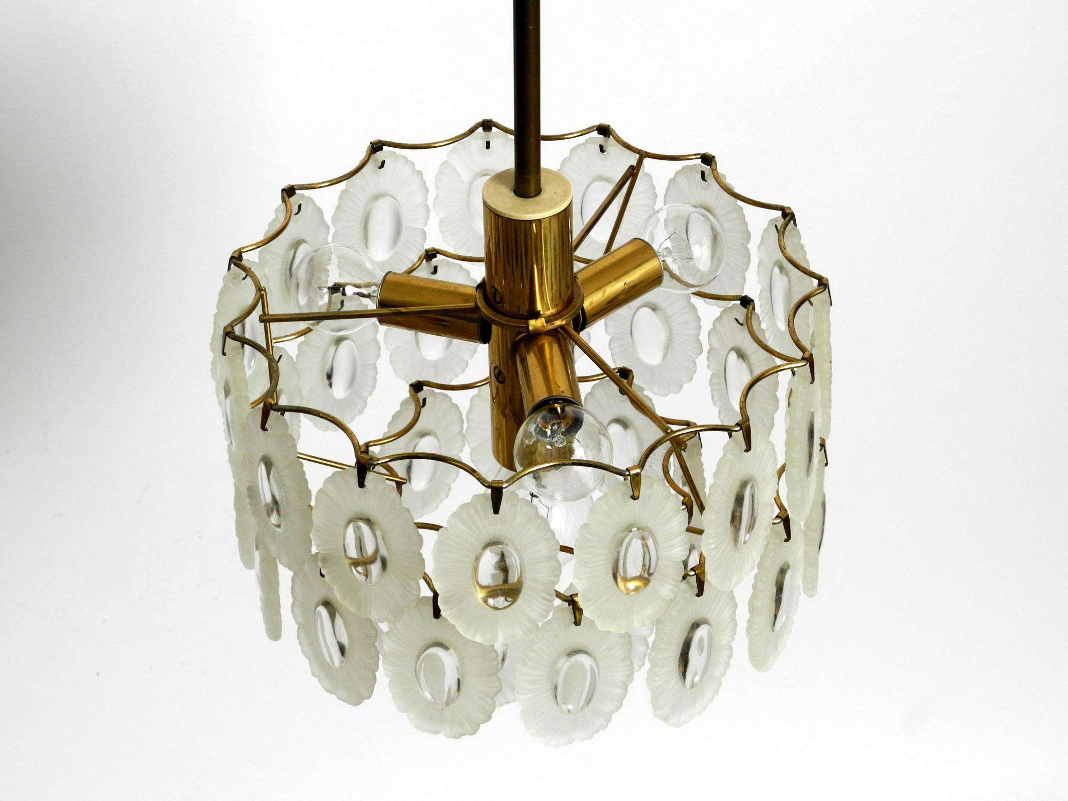 Brass Beautiful Italian Midcentury Chandelier with Oval Murano Glasses For Sale