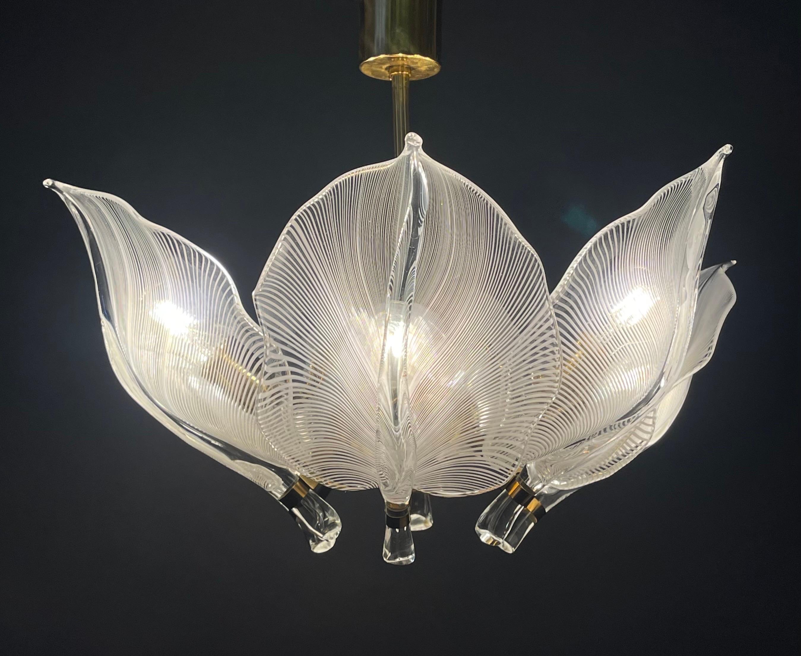 Mid-Century Modern Franco Luce Murano Glass and Brass Chandelier, Italy, circa 1970s For Sale