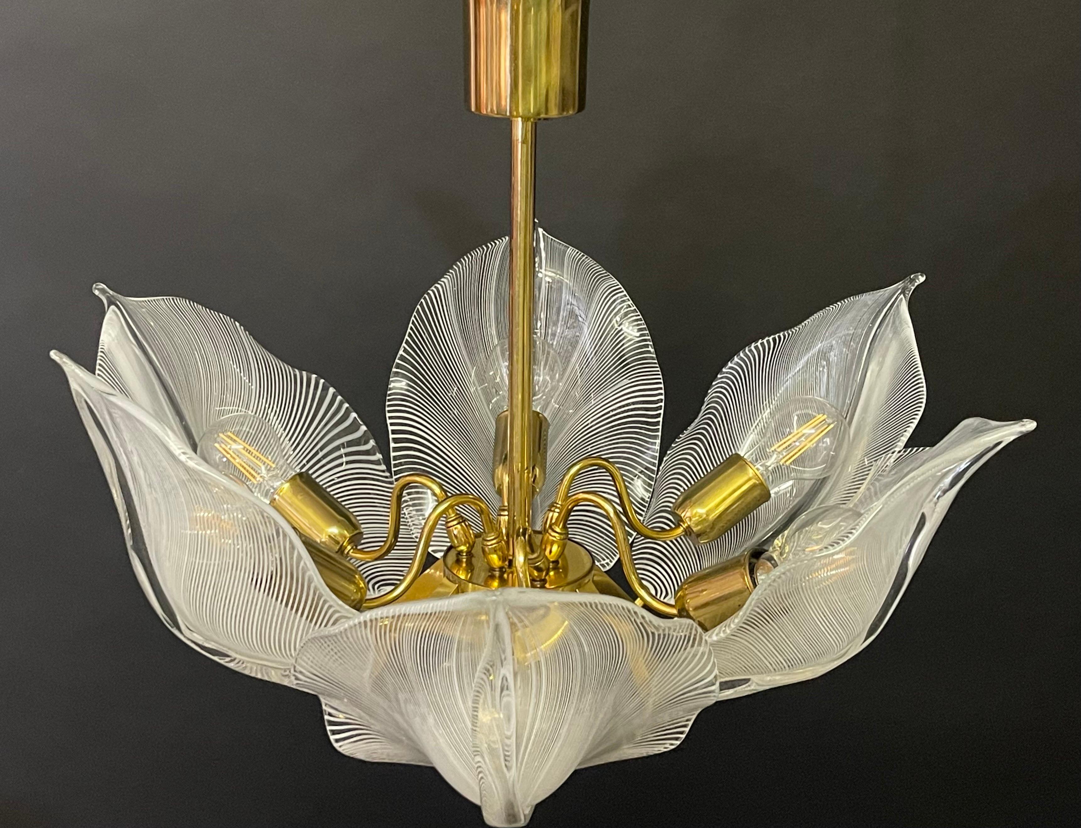 Italian Franco Luce Murano Glass and Brass Chandelier, Italy, circa 1970s For Sale