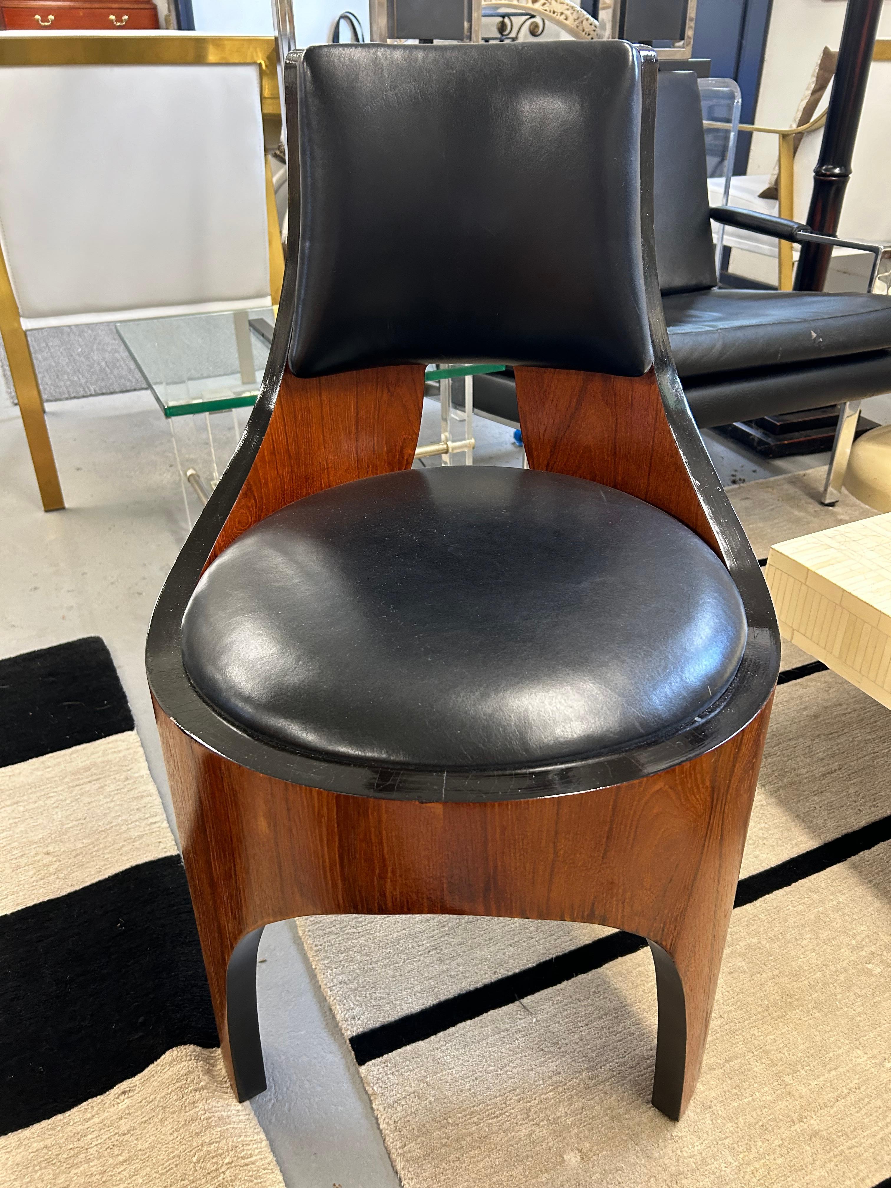 Beautiful Italian Sculptural Mahogany & Black Leather Barrel Chair 3