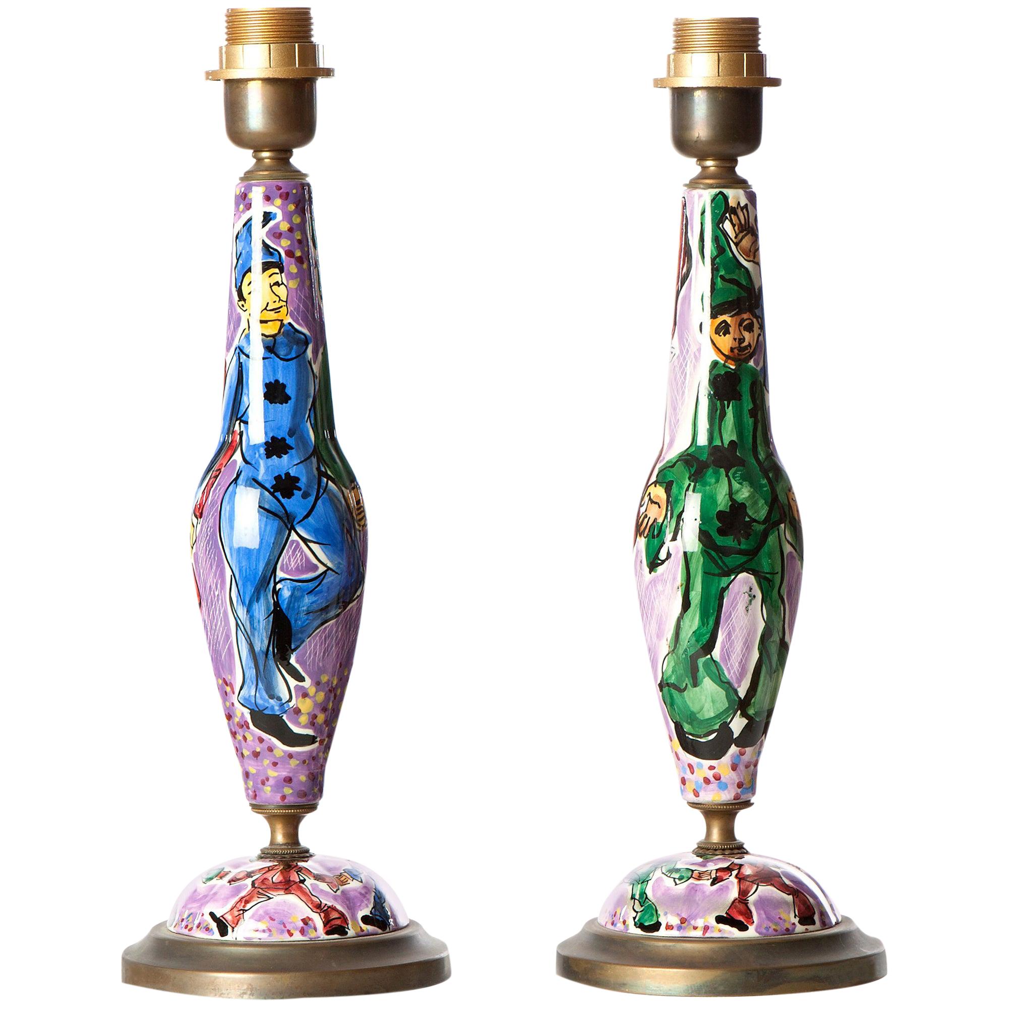 Beautiful Italian Table Lamps with Multiple Color Clowns For Sale