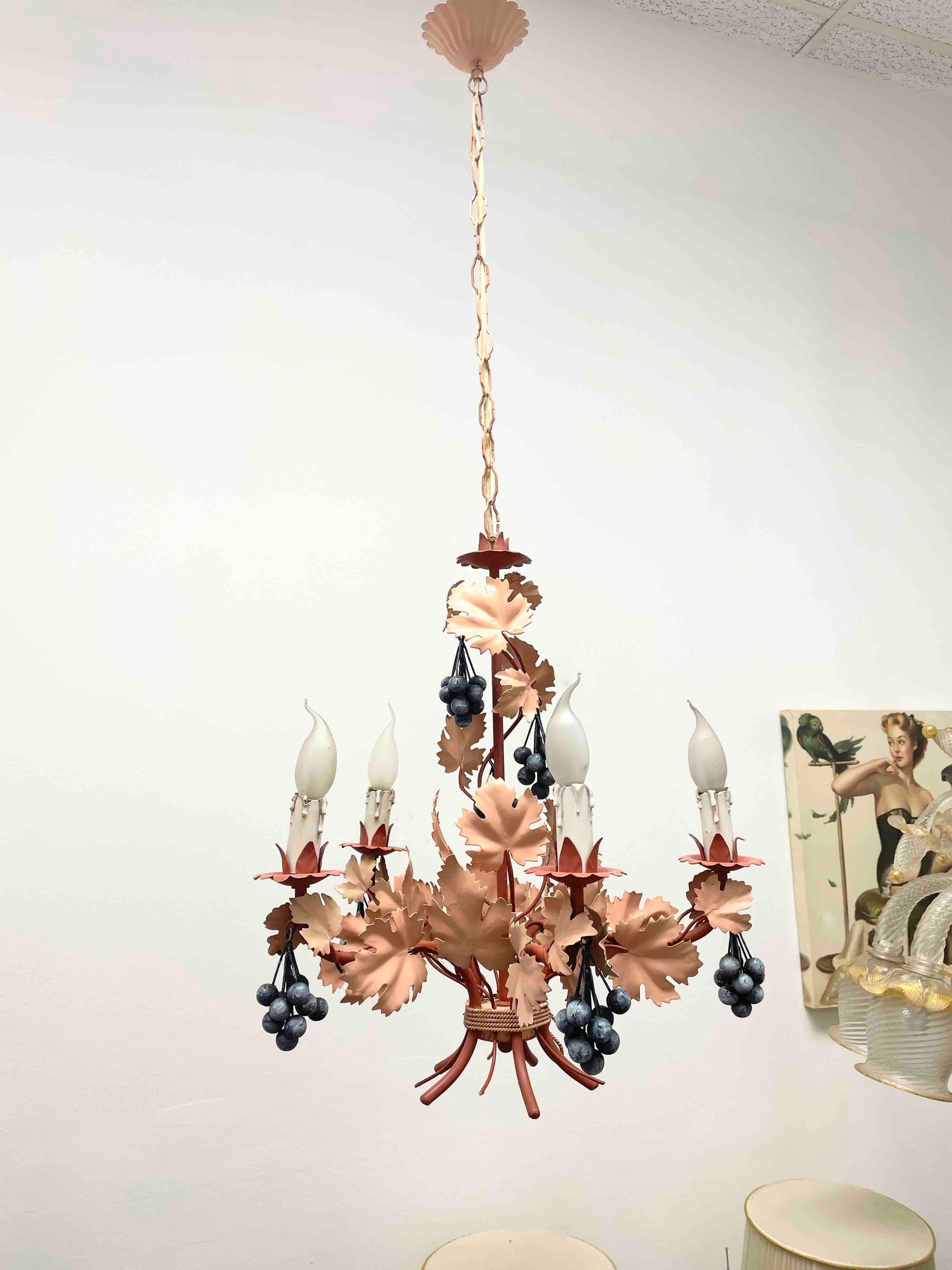 Petite Florentine style five-light chandelier. Functions as is with five E14 / 110 Volt light bulbs. Can take up to 40 Watts each bulb. Beautiful colored metal grasses and leaves chandelier. It gives a very warm light and represents the Italian