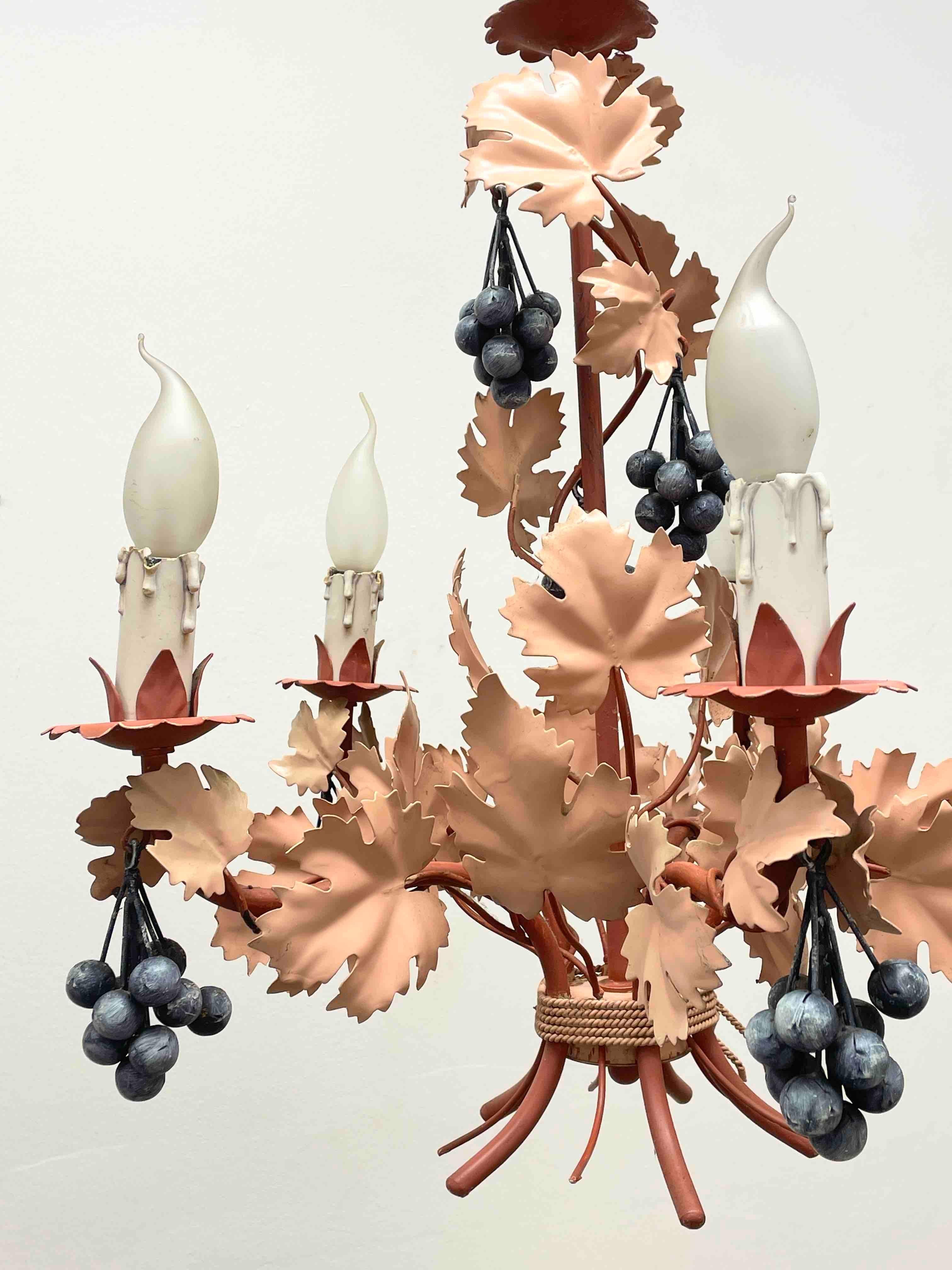 Metal Beautiful Italian Tole Florentine Florence Dusky Pink with Grapes Chandelier For Sale