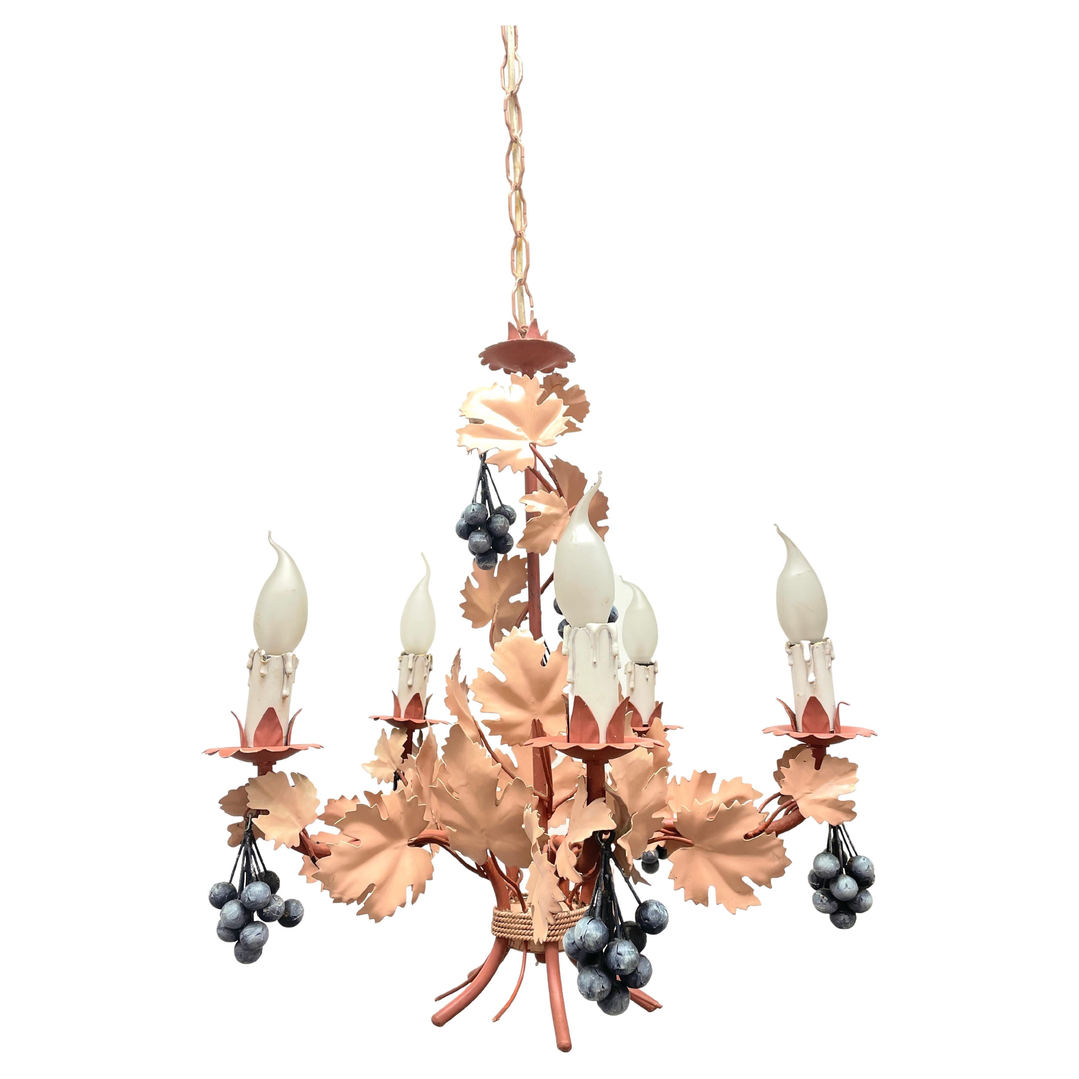 Beautiful Italian Tole Florentine Florence Dusky Pink with Grapes Chandelier