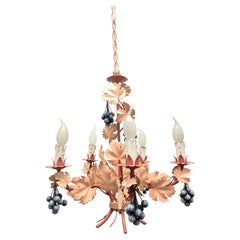Retro Beautiful Italian Tole Florentine Florence Dusky Pink with Grapes Chandelier