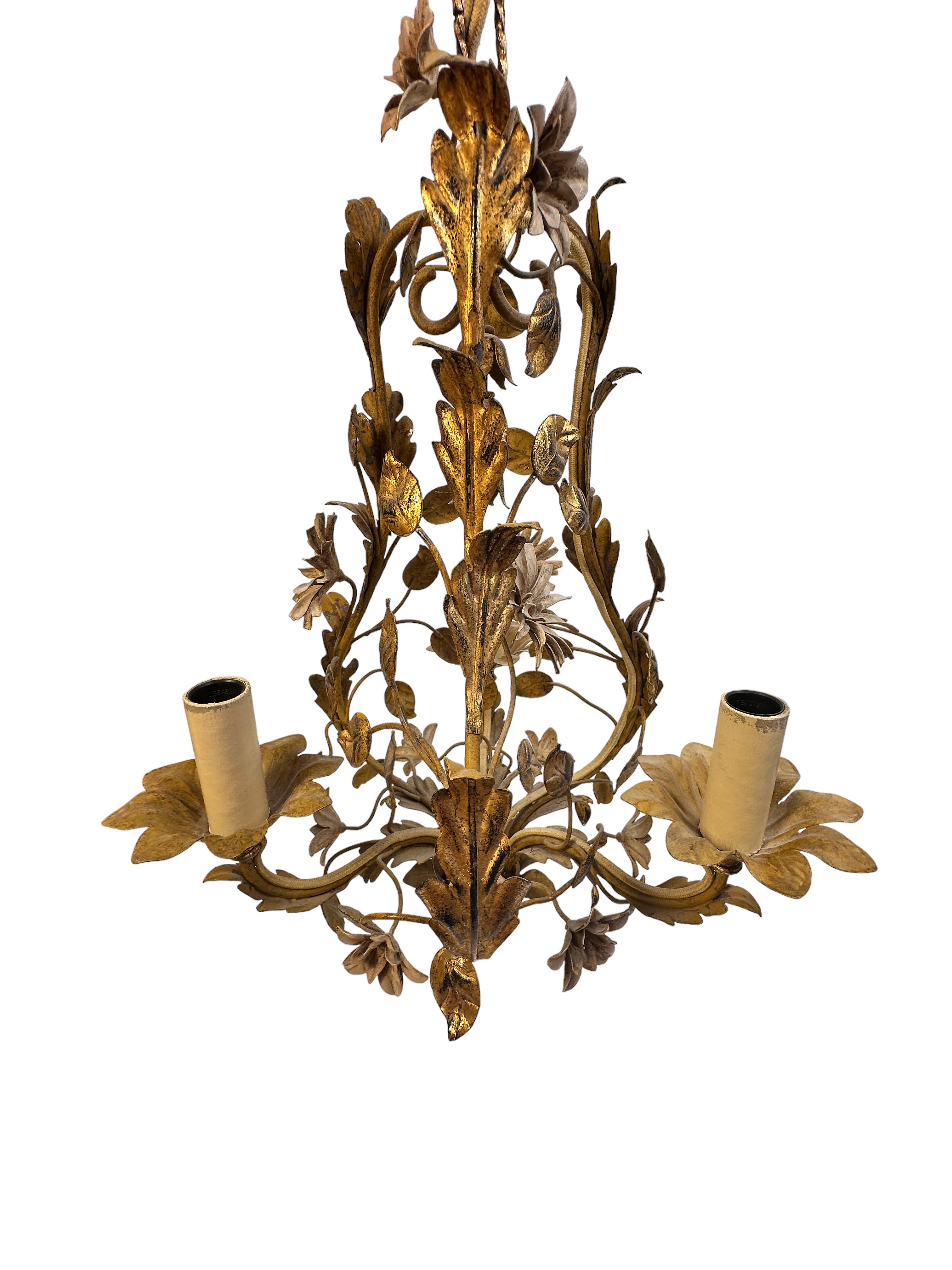 Beautiful Italian Tole Florentine Florence Gilt Flower Coco Chanel Chandelier 4