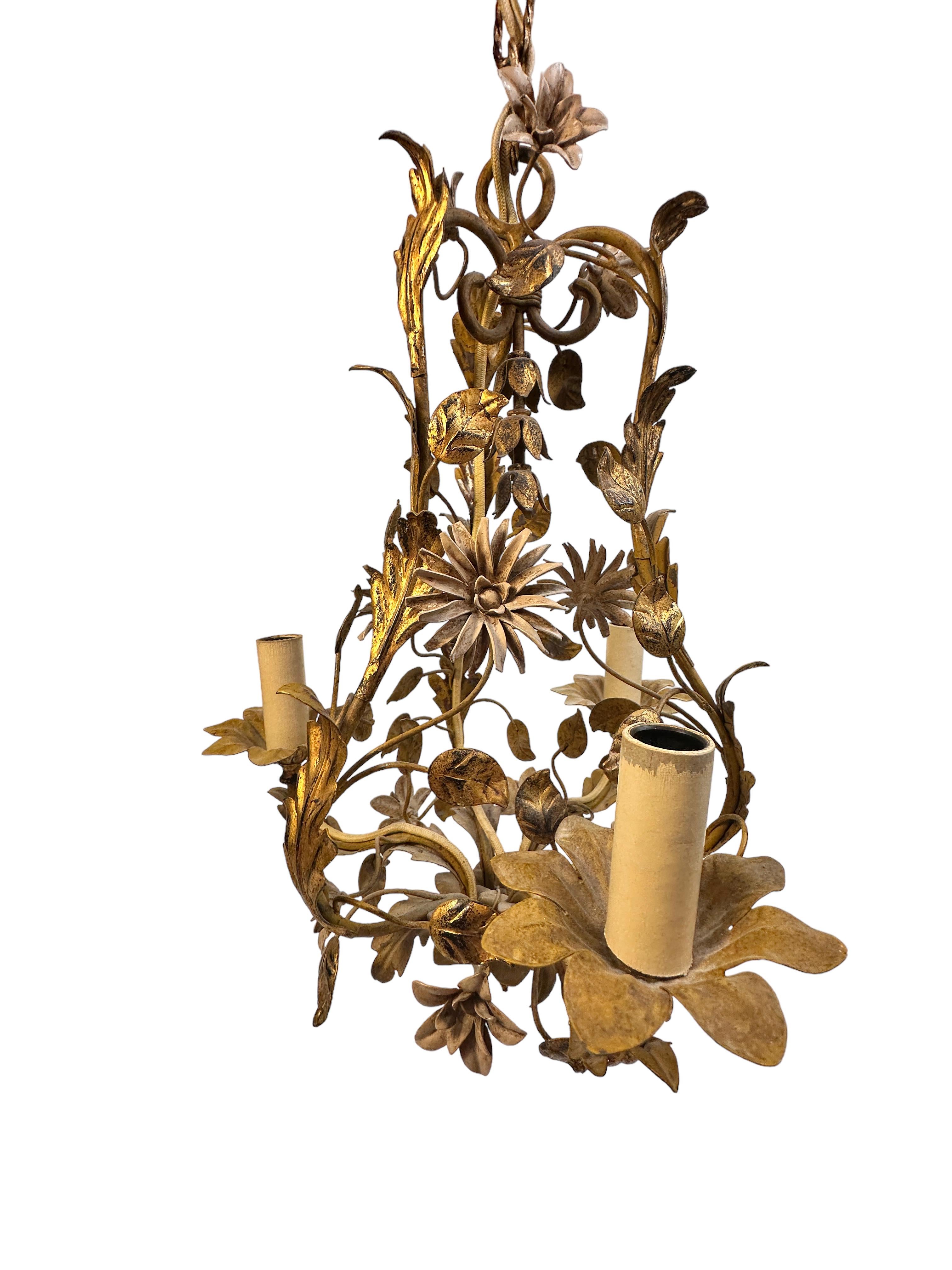 Beautiful Italian Tole Florentine Florence Gilt Flower Coco Chanel Chandelier 5