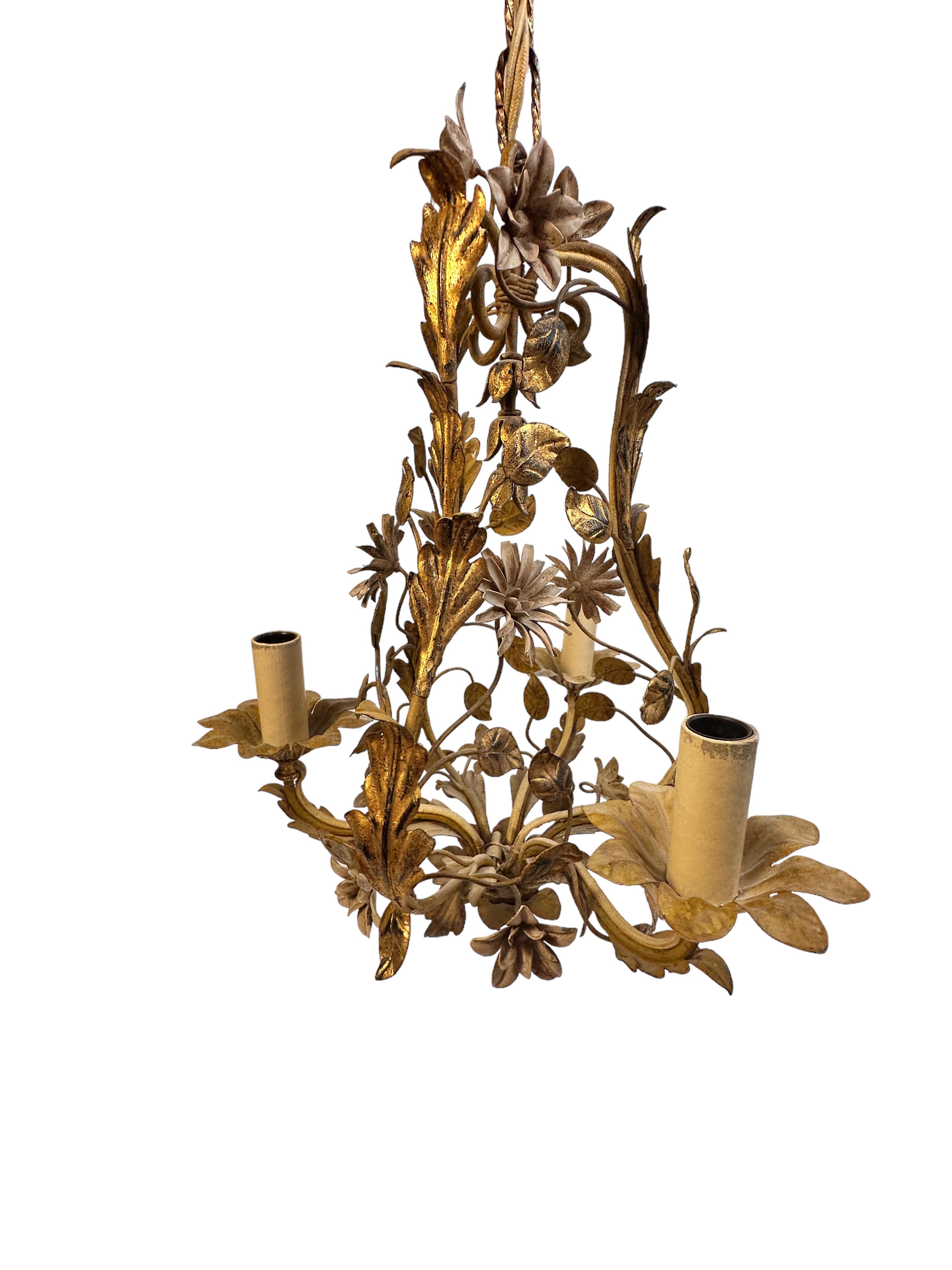 Beautiful Italian Tole Florentine Florence Gilt Flower Coco Chanel Chandelier 6