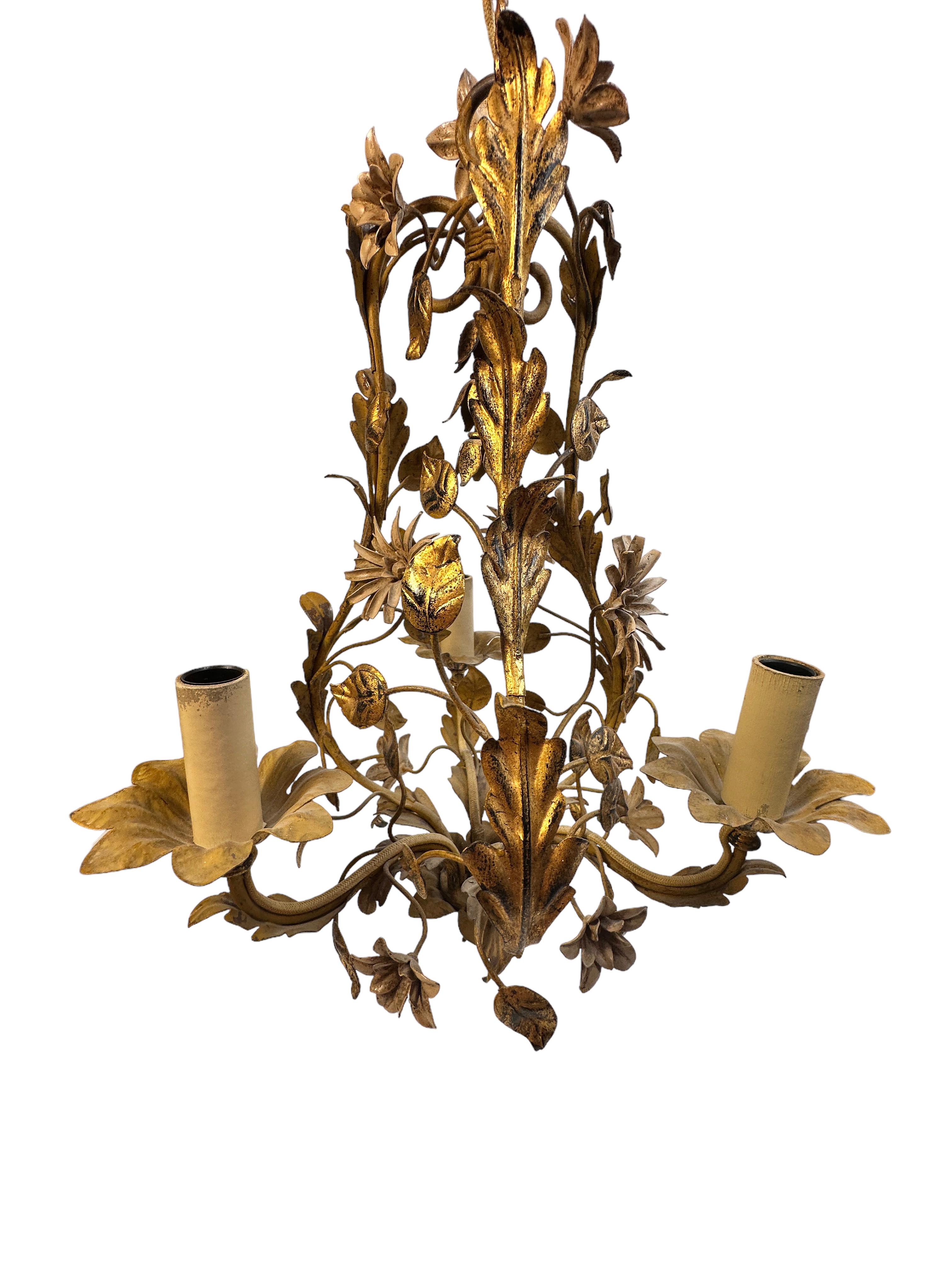 Beautiful Italian Tole Florentine Florence Gilt Flower Coco Chanel Chandelier 7