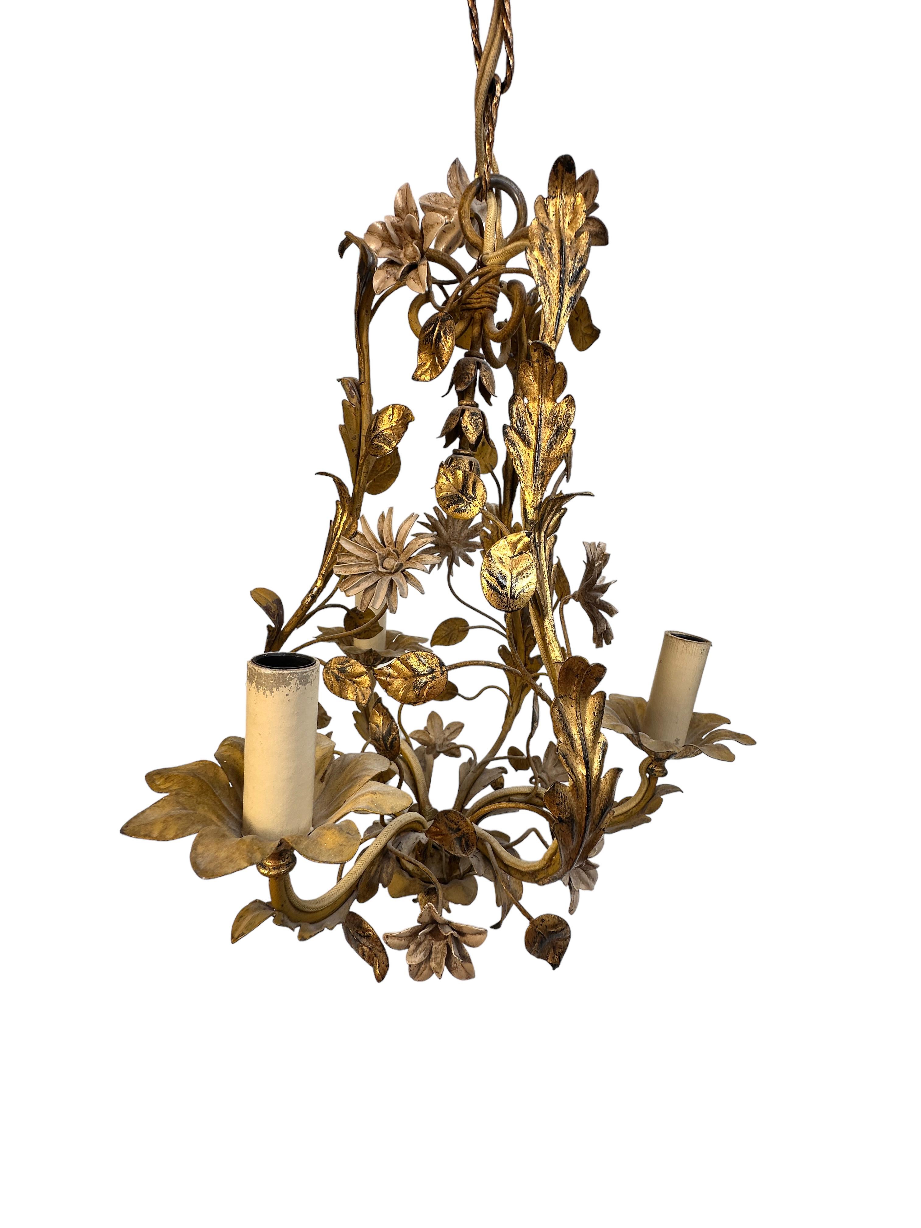 Beautiful Italian Tole Florentine Florence Gilt Flower Coco Chanel Chandelier 8