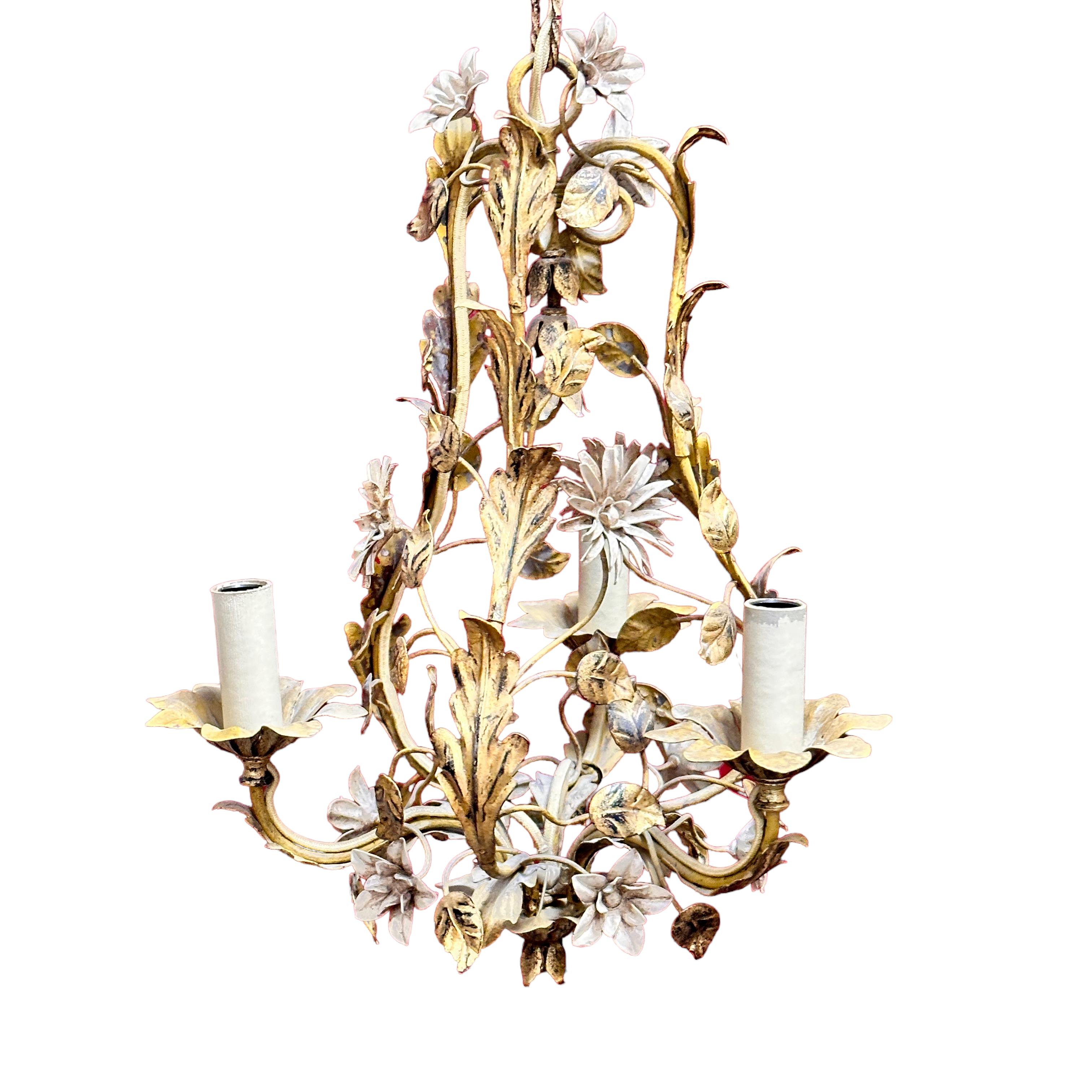 Mid-20th Century Beautiful Italian Tole Florentine Florence Gilt Flower Coco Chanel Chandelier